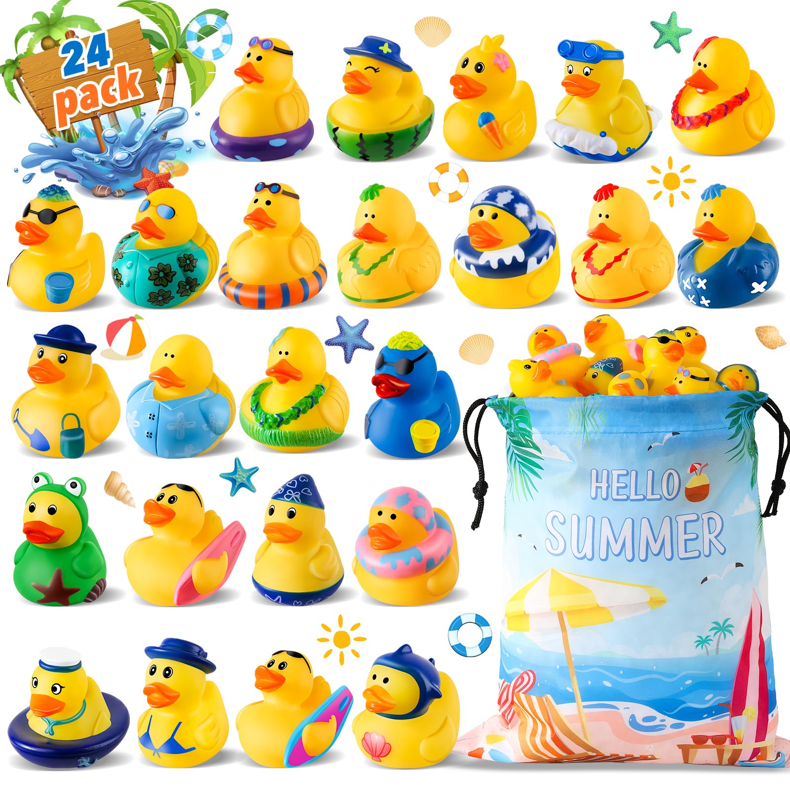 24 Pack Summer Rubber Ducks, Jeep Ducks for Ducking Assorted Beach Toys for Jeeps Duckies Games, Summer Gifts Prizes for Kids, Easter Basket Stuffer Party Favors, Pool Water Toys