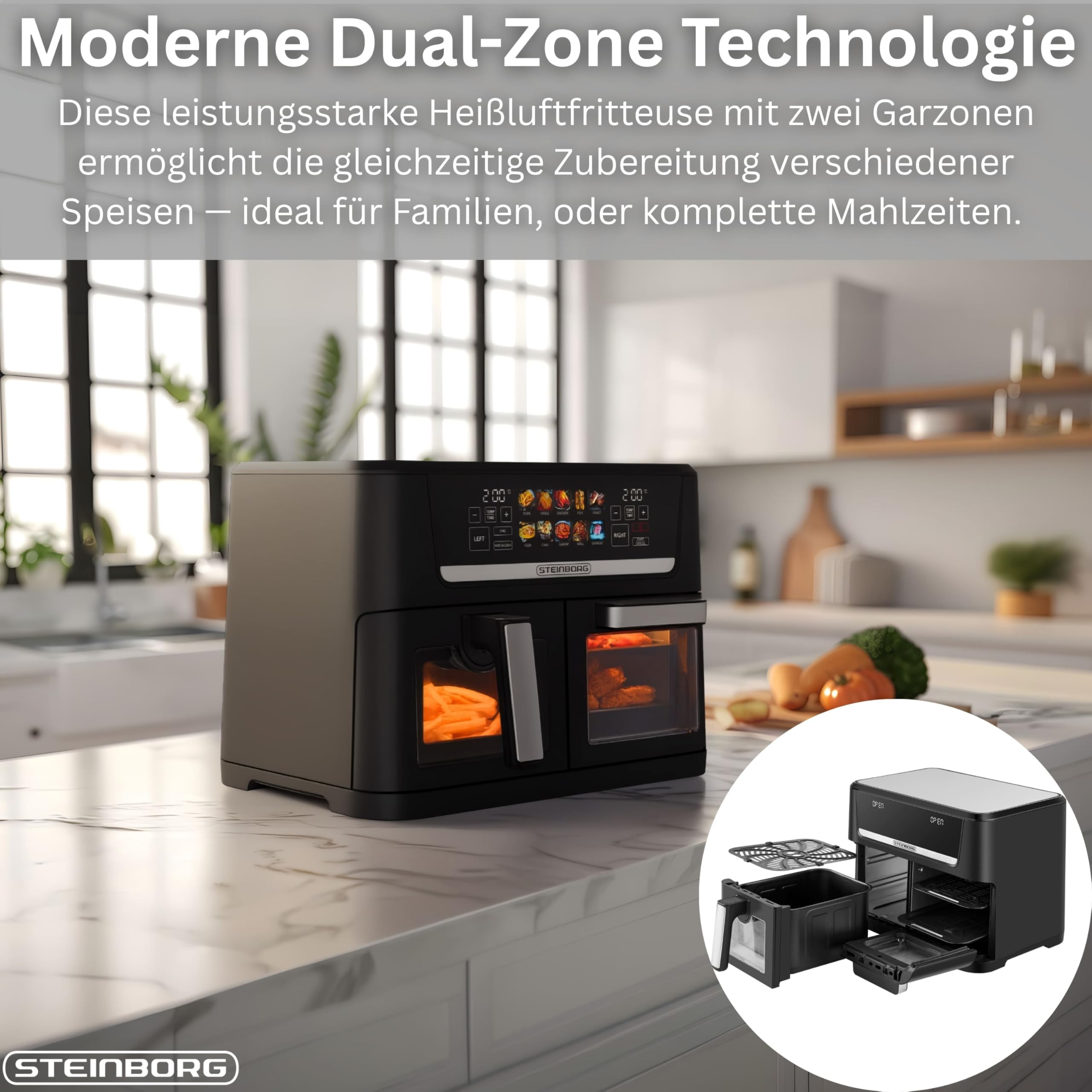 Steinborg® XXL Dual Zone frytkownica na gorące powietrze, 14 litrów (8 l + 6 l), 1700 W, z 2 komorami i 2 niezależnymi strefami gotowania, cyfrowy wyświetlacz, 10 programów w temperaturze 60–200°C
