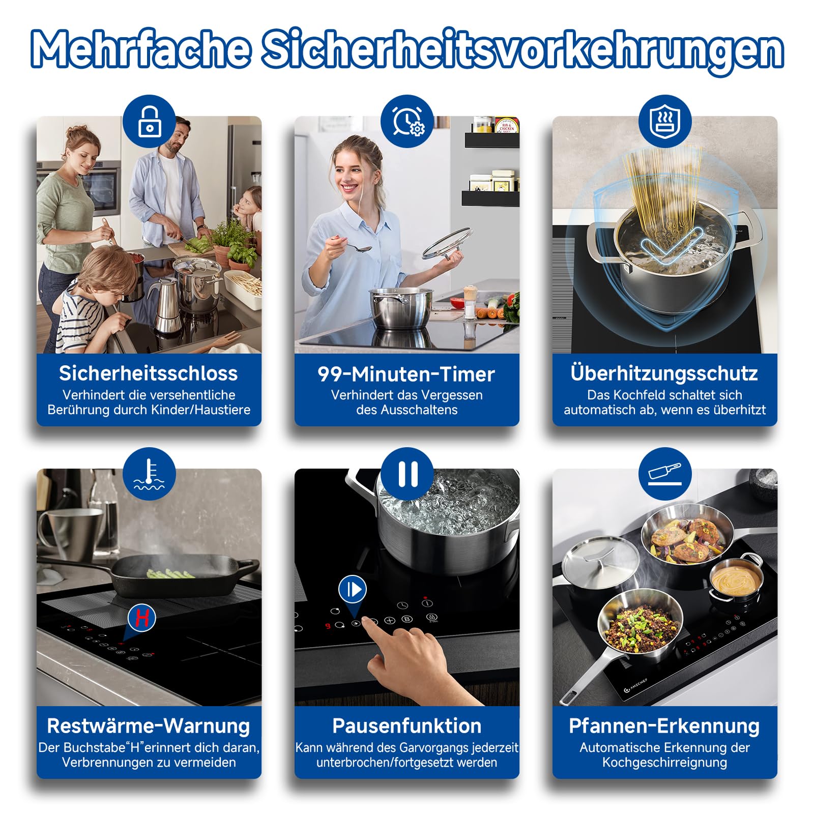 AMZCHEF Induktionskochfeld 60cm mit Flexzonen, 4 Zonen Induktionskochplatte mit Boost-Funktion und 9 Leistungsstufen, Pausenfunktion, Timer, Sicherheitsschloss, Überhitzungsschutz, BBQ, 7200W