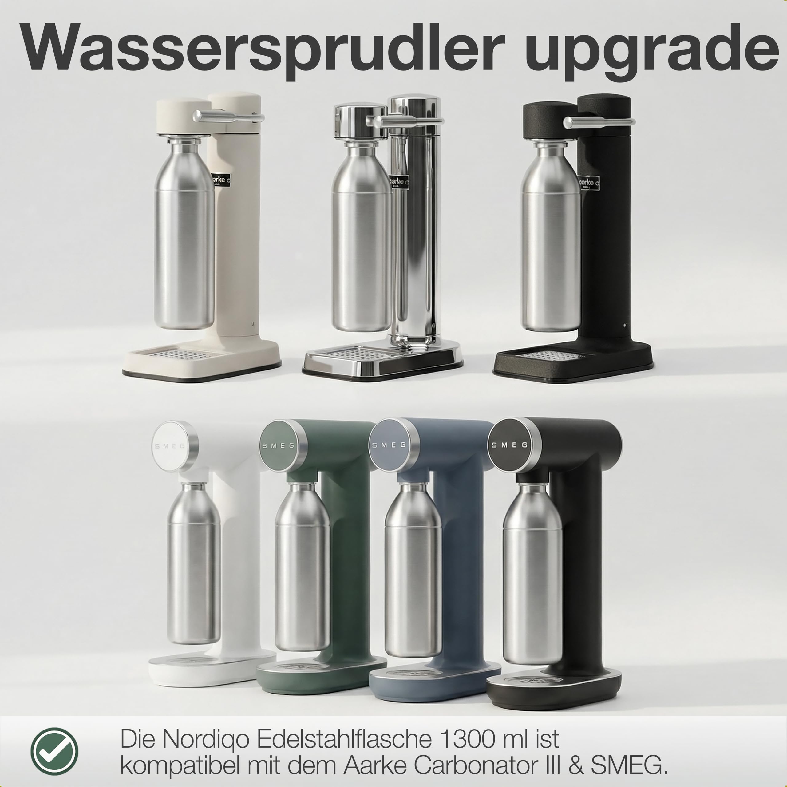 Edelstahlflasche 1.3L für Aarke Carbonator 3 & SMEG, 2-Set | BPA-frei. Auslaufsicher. Füllmarkierung innen & außen. Kein Ablauf. 1300ml. Anti-Fingerprint Stahl x 2