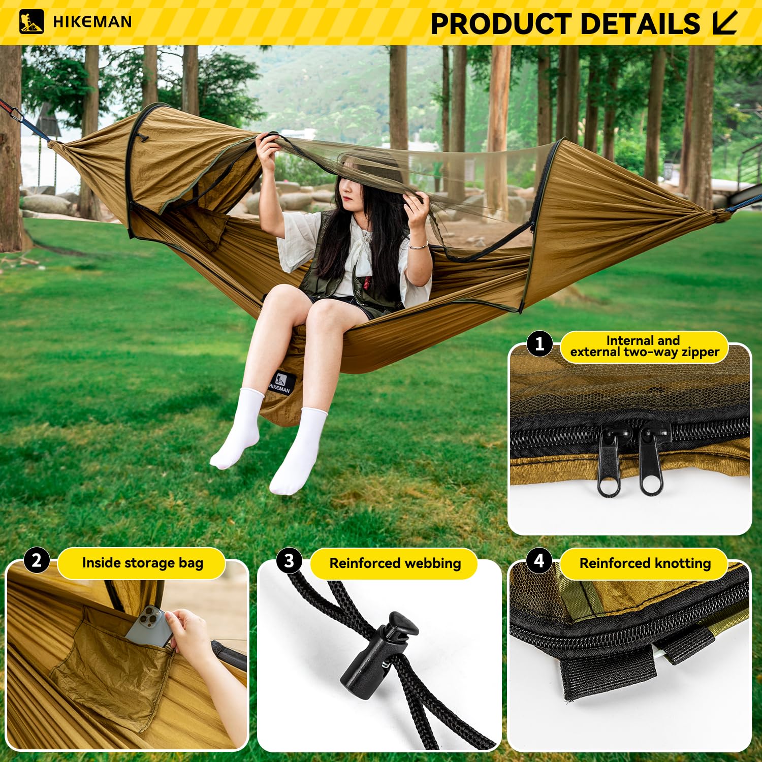 Amaca da campeggio con zanzariera, amaca da viaggio doppia, ultraleggera, amaca da paracadute portatile con cinghie per alberi, moschettoni a forma di D, per esterni, zaino in spalla, cortile,