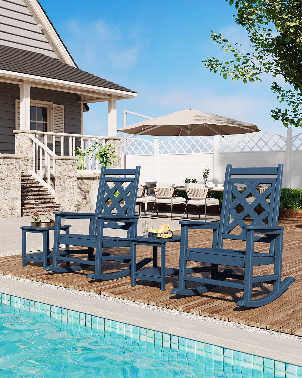 GarveeHome Wetterfester Schaukelstuhl Aus HDPE, Outdoor-Loungesessel Mit Karierte Rückenlehne Und Armlehnen, Großer Schaukelstuhl Mit Hoher Rückenlehne, Für Pool Und Terrasse, 61 x 89 x 102 cm