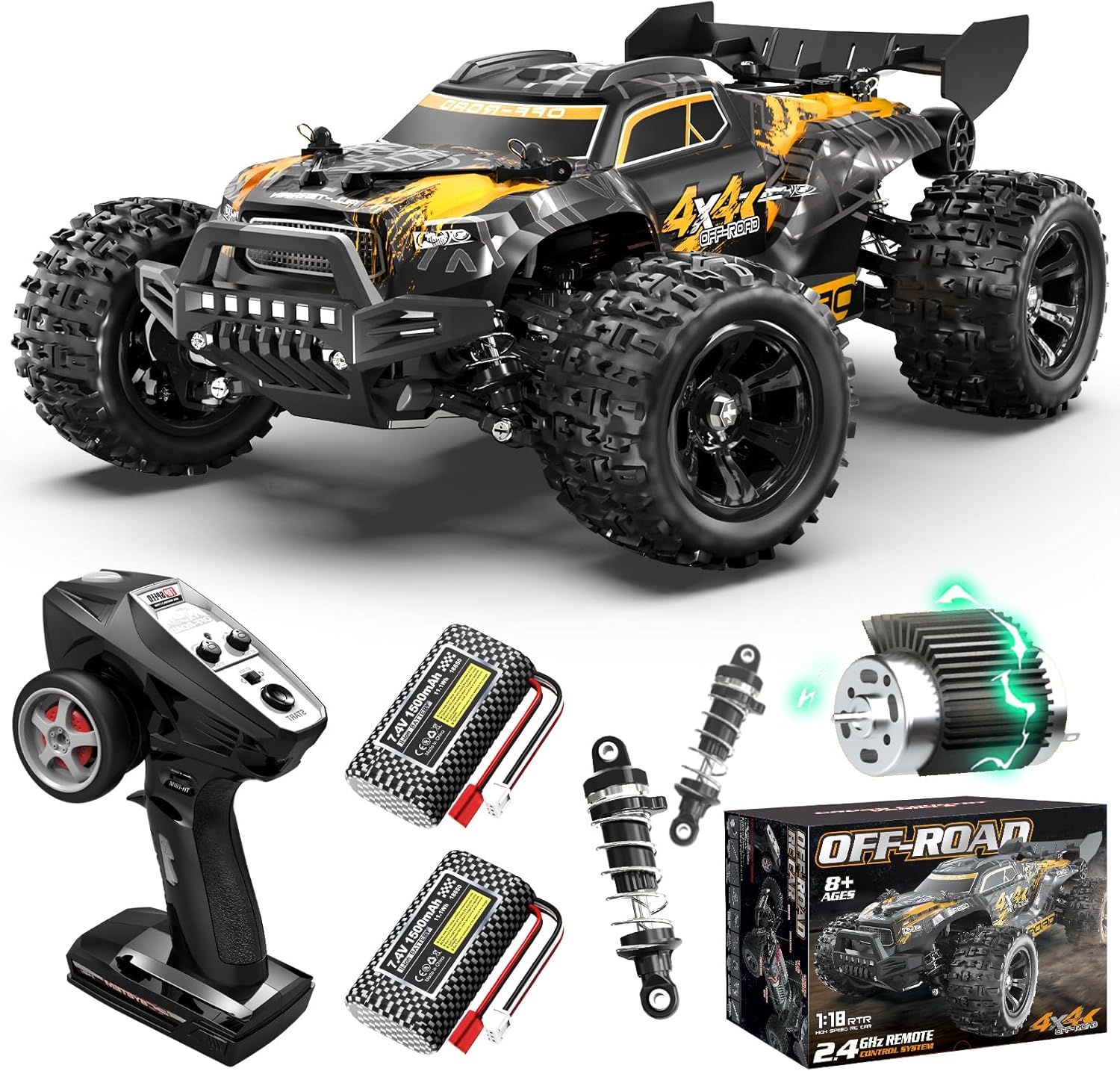 YESHIN Ferngesteuertes Auto 1:18 4WD Offroad RC Auto 36 km/h All Terrain 2,4 GHz mit 2X 1500 mAh Akkus, Kompakt für Outdoor Fahrten, Kinder ab 8–10 Jahren und Erwachsene (Schwarz)