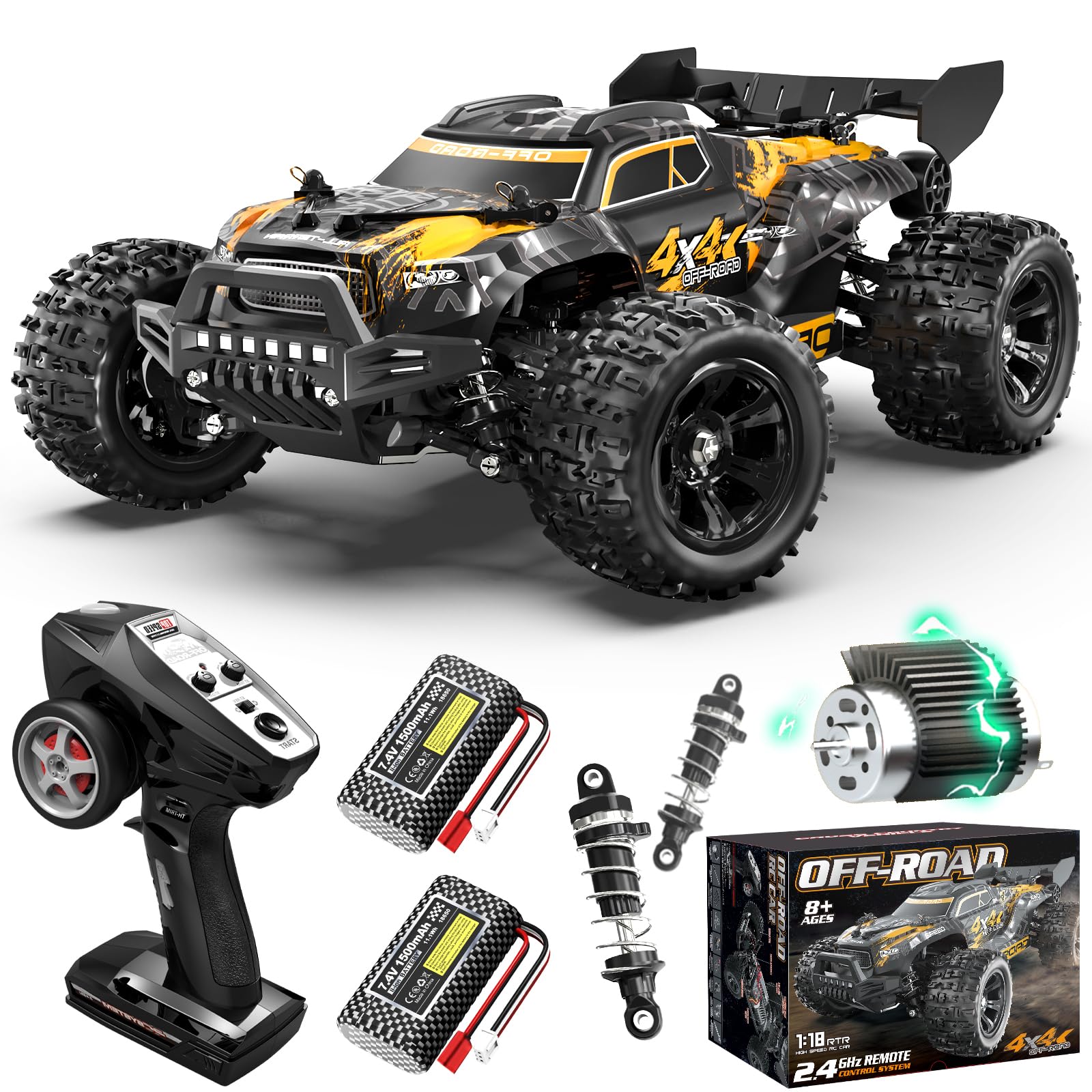 YESHIN Ferngesteuertes Auto 1:18 4WD Offroad RC Auto 36 km/h Schnell All Terrain Buggy 2,4 GHz mit 2 wiederaufladbaren 1500 mAh Akkus, Kompakt Tragbar für Outdoor Fahrten