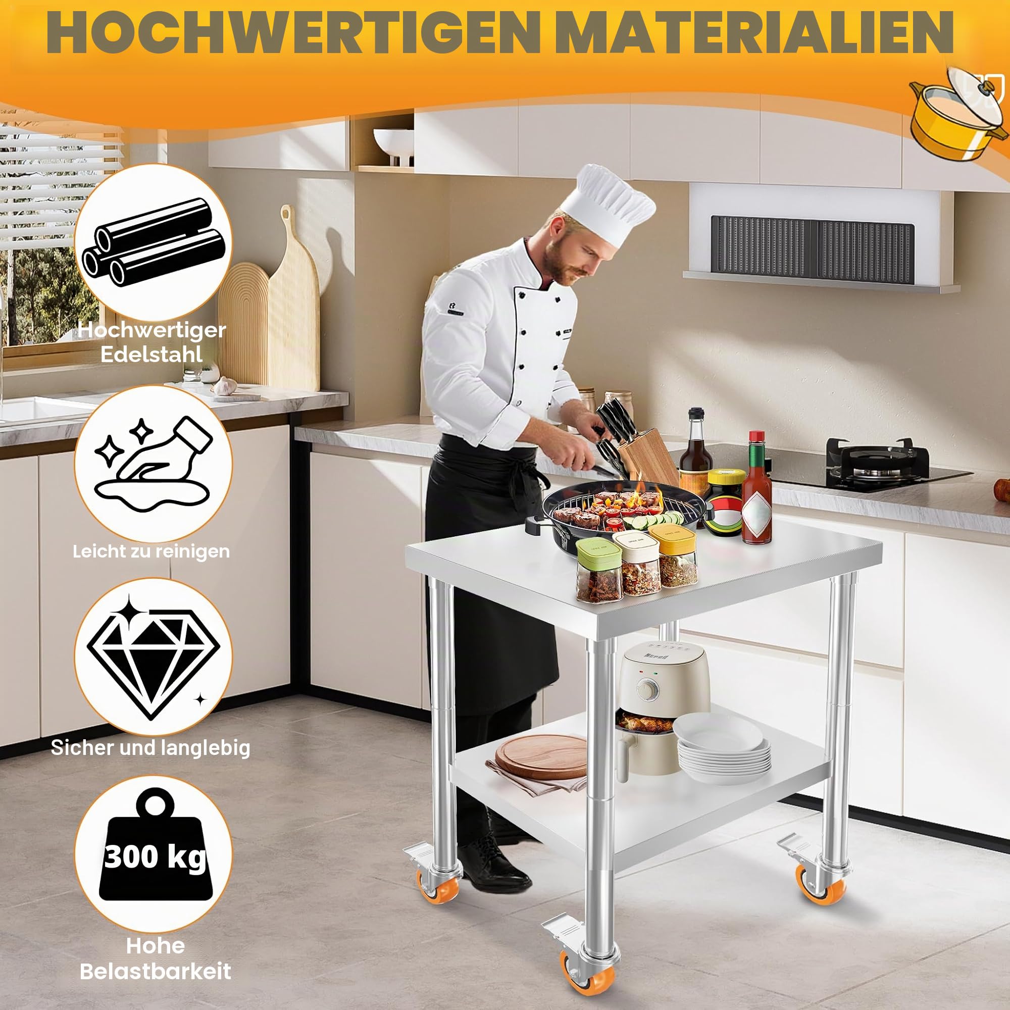 LZQ Edelstahltisch Arbeitstisch 85x76x60 cm mit Rollen, Rolltisch Edelstahl Arbeitsplatte, Servierwagen Edelstahl mit 4 feststellbaren Rädern, Tisch mit Rollen für Küche Bar Restaurantar