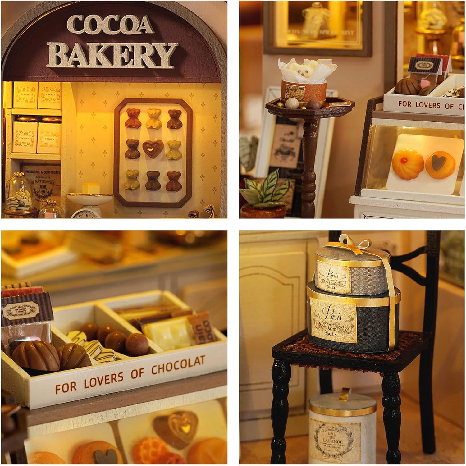 Close-up view of the intricate interior details of the miniature bakery, showing tiny chocolates and pastries.