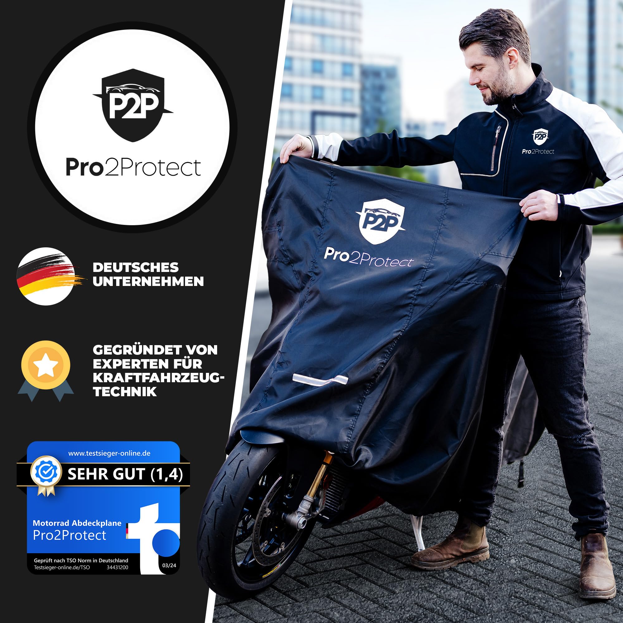 Pro2Protect Bâche de protection pour moto, noire, blanche, résistante aux intempéries, pour cyclomoteur, scooter, Vespa, 100 % étanche