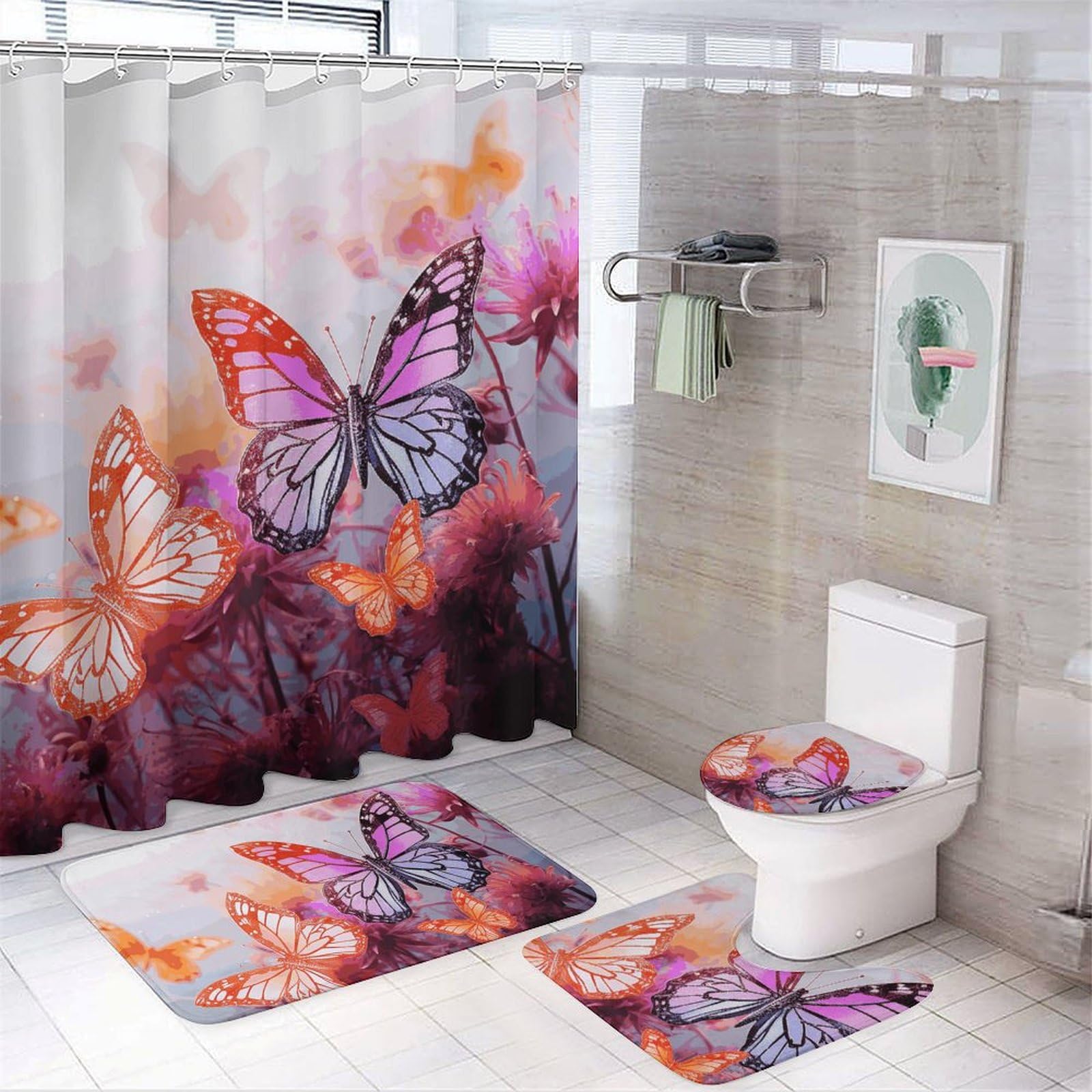 Ensemble rideau de douche 4 pièces avec housse de toilette