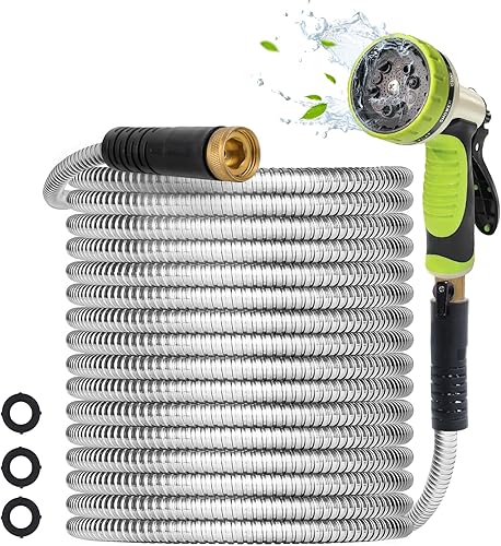 Miniatura 8 de Manguera de jardín de metal de 75 pies – Manguera de agua de metal de acero inoxidable resistente con boquilla de 10 funciones, ligera, sin