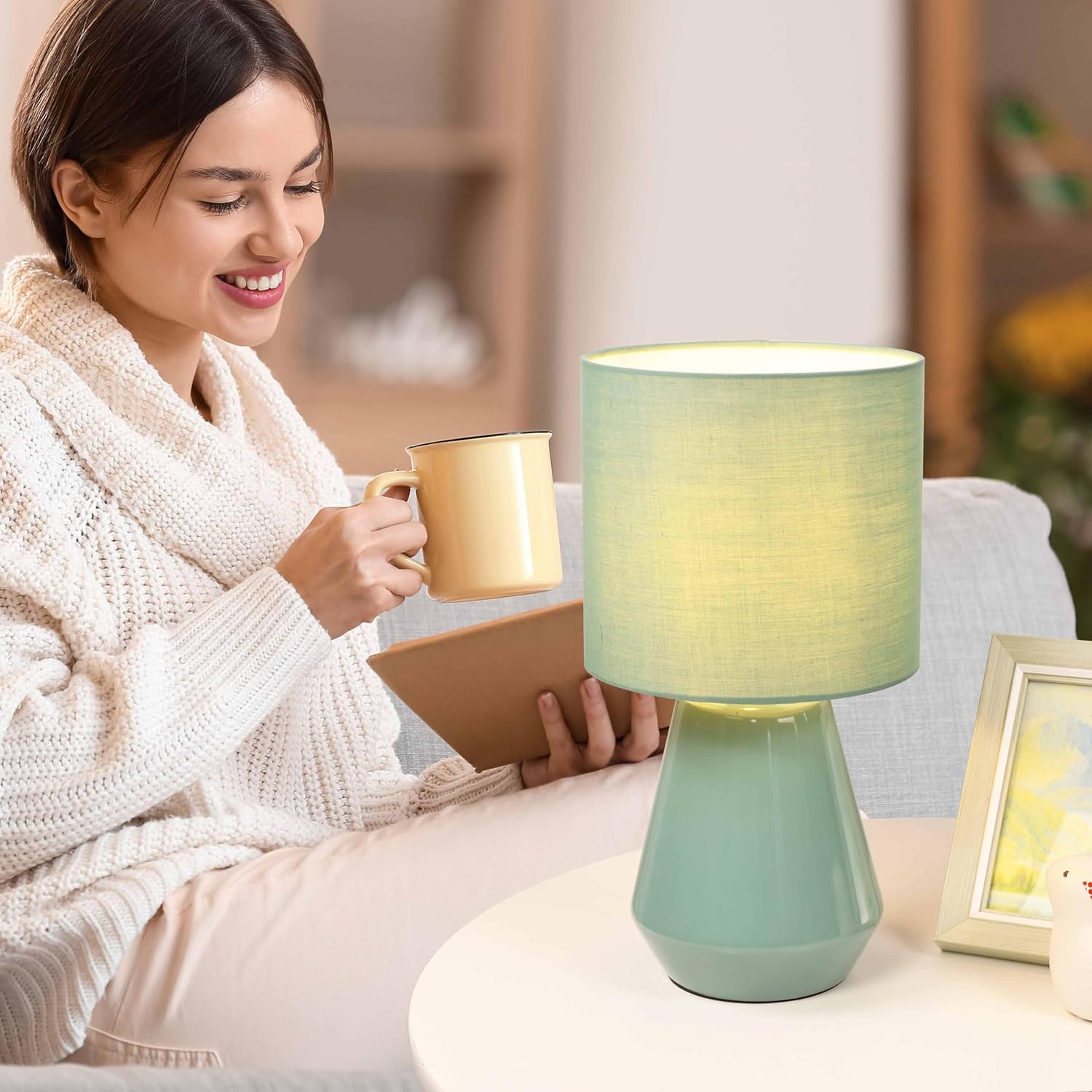 Lampwell Vane Small Ceramic Table Lamp for Living Room and Bedroom,Modern Kids Night Table Lamp,Φ7.09×H13.39IN,Bulb Excluded,Green