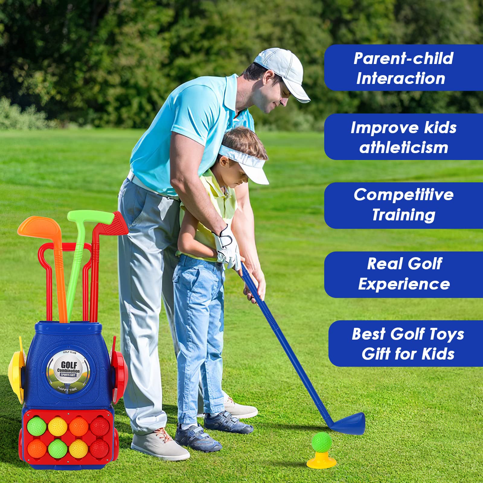 deAO Zestaw golfowy dla maluchów, zabawki do gry w golfa, do użytku wewnątrz i na zewnątrz, z 8 piłkami, 4 kijami golfowymi, 2 otworami treningowymi