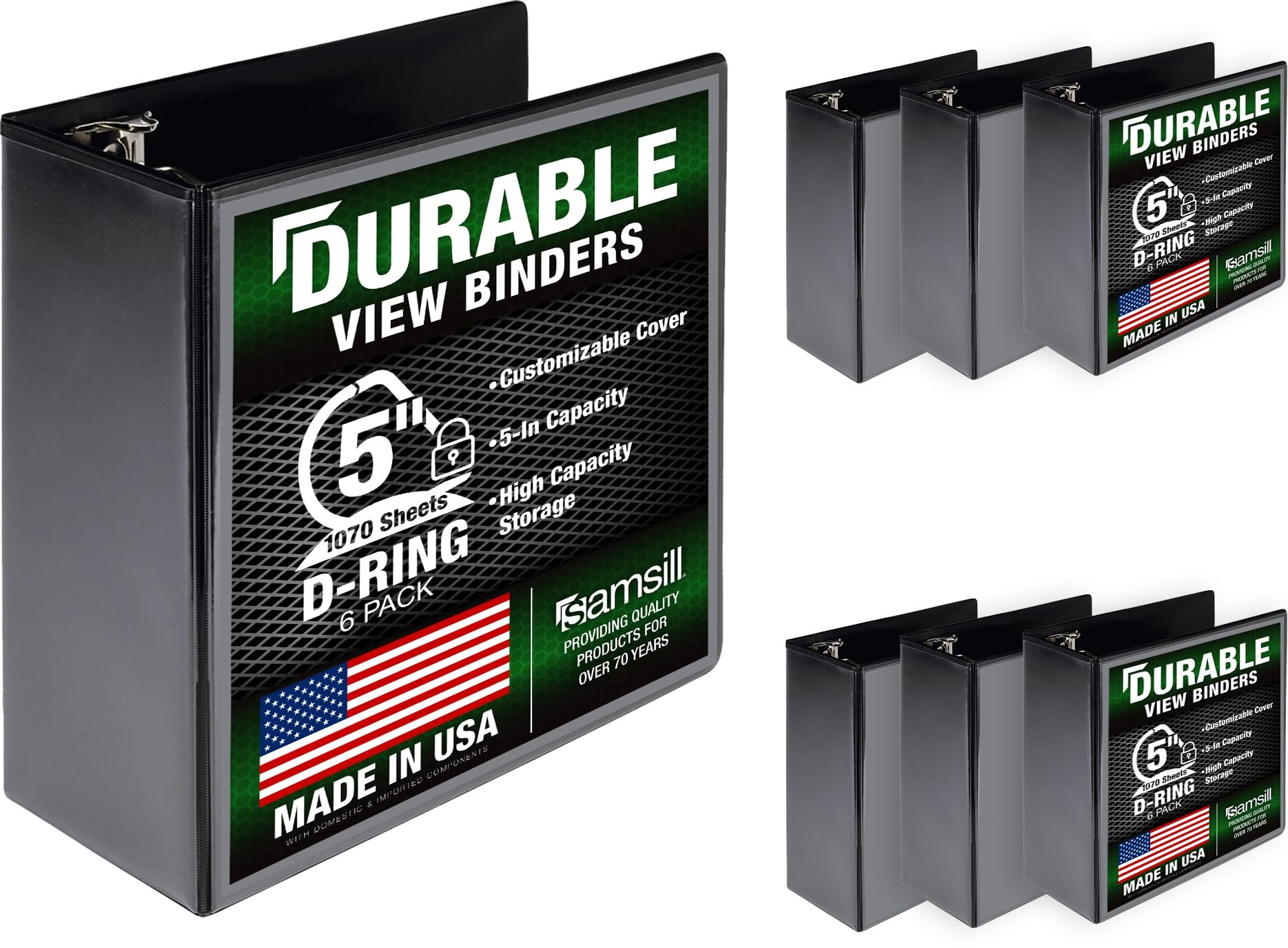 Samsill Durable 5 Inch 3 Ring Binder, D Ring Binder, Customizable Clear View, Black, 6-Pack, Holds 1070 Pages