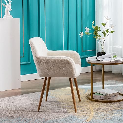 Miniatura 6 de Juego de 2 sillas de escritorio peludas, silla de piel sintética moderna de mediados de siglo para adolescentes y niñas, cómodo sillón con patas de