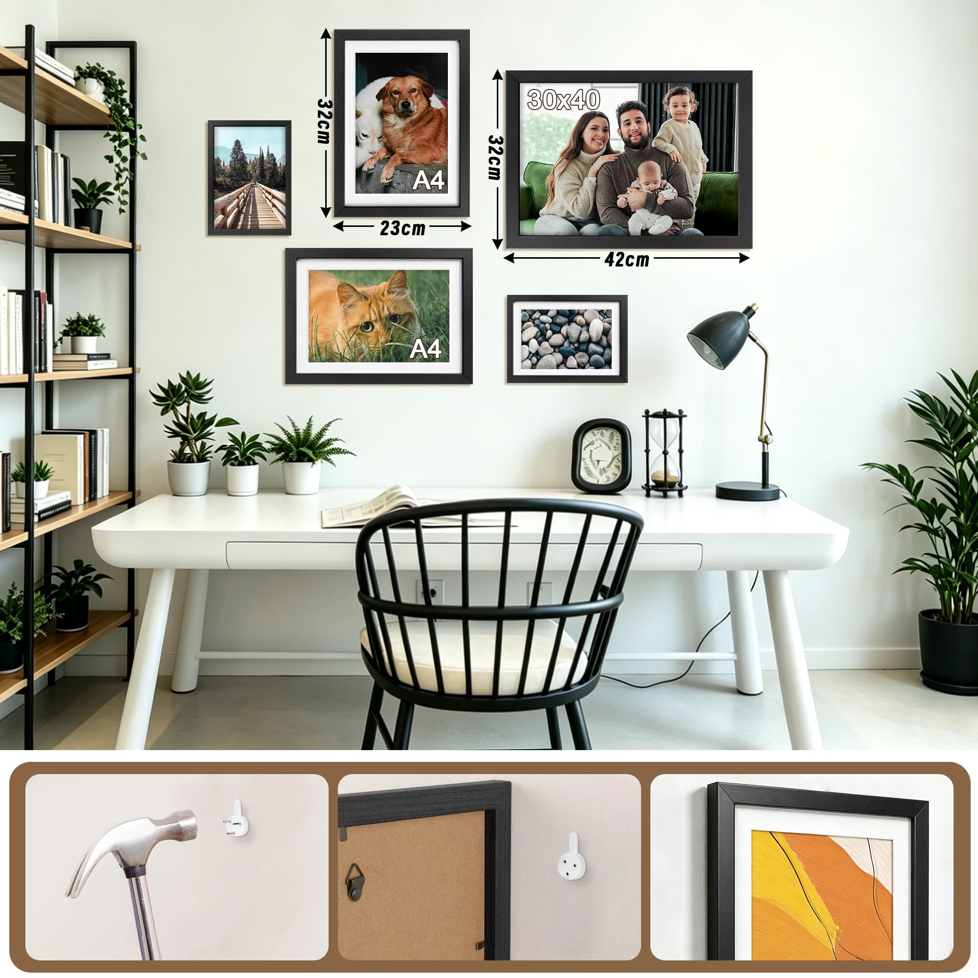 Set de 2 Marcos de Fotos A4 Negros 29,7x21 cm, Marco para certificado, Marco de Foto de Mesa y Pared, en MDF y Acrílico Irrompible para Certificados, Diplomas, Decoración Casa y Oficina