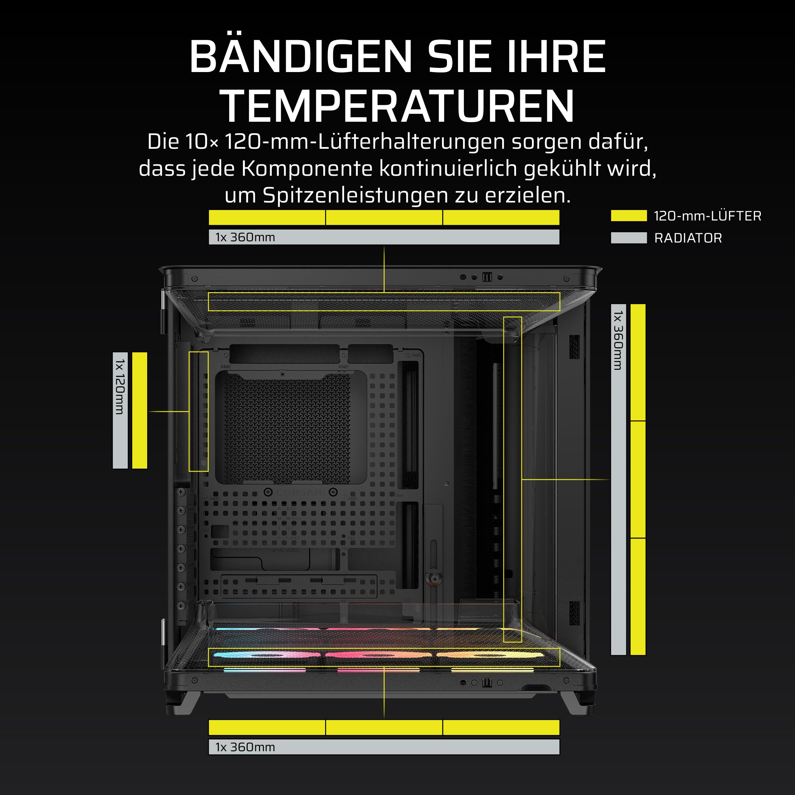 CORSAIR AIR 5400 LX-R RGB iCUE LINK Mid-Tower PC-Gehäuse – Schwarz | Dreifach-Kammer, 3x Vorinstallierte Reverse-Rotor LX-R RGB-Lüfter, Reverse Motherboard-Unterstützung