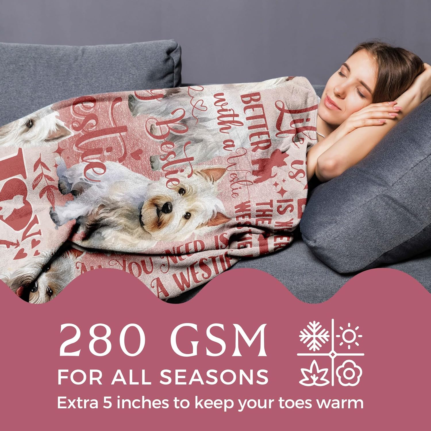 Westie Gifts for Women and Girls, Best Unique Westie Flannel Throw Blanket for Westie Lovers, 50 x 65 inch, Skin Friendly, Novelty Westie Gifts for Dog Lovers - Image 2