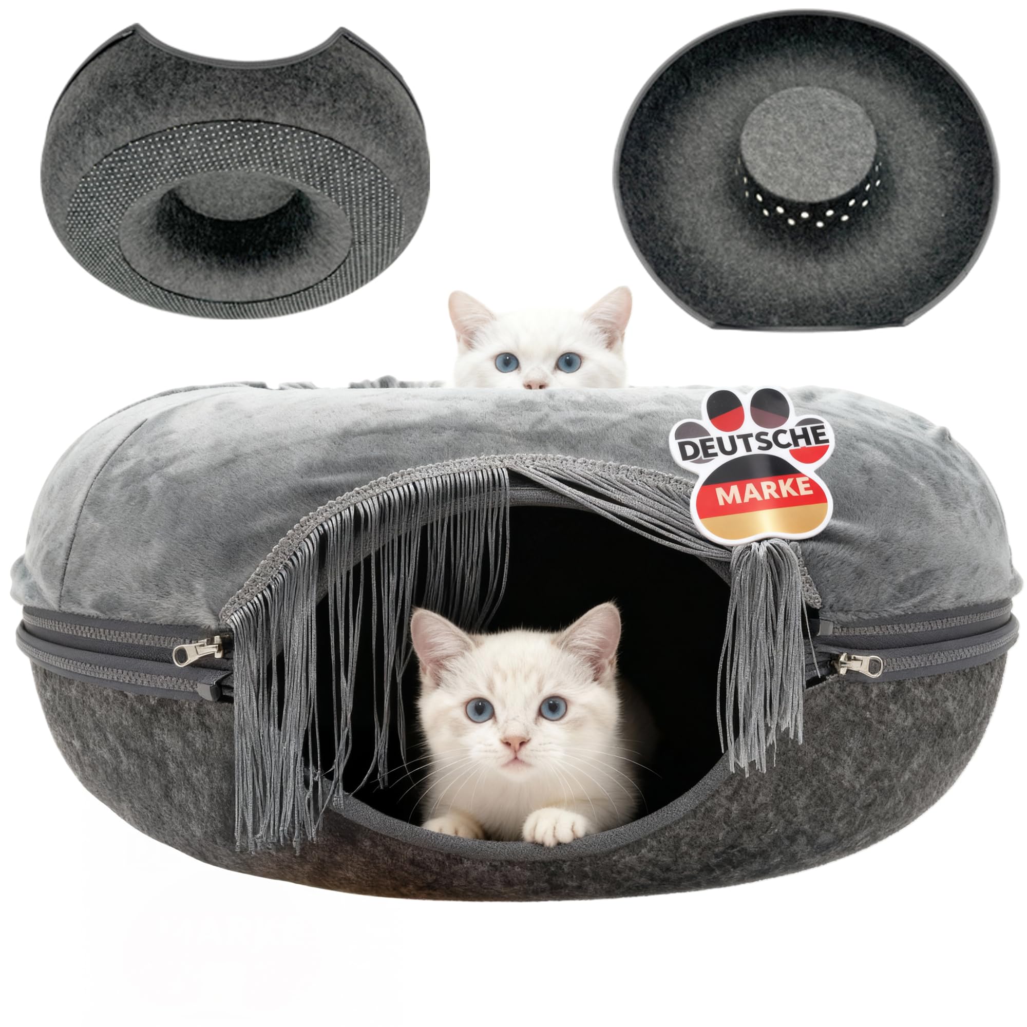 Katzen Donut mit Flauschigen Kuschelbett | Anti-Slip Unterfläche | Atmungsaktiv | Katzentunnel aus Filz mit waschbaren Kissen Bezug | Katzenhöhle
