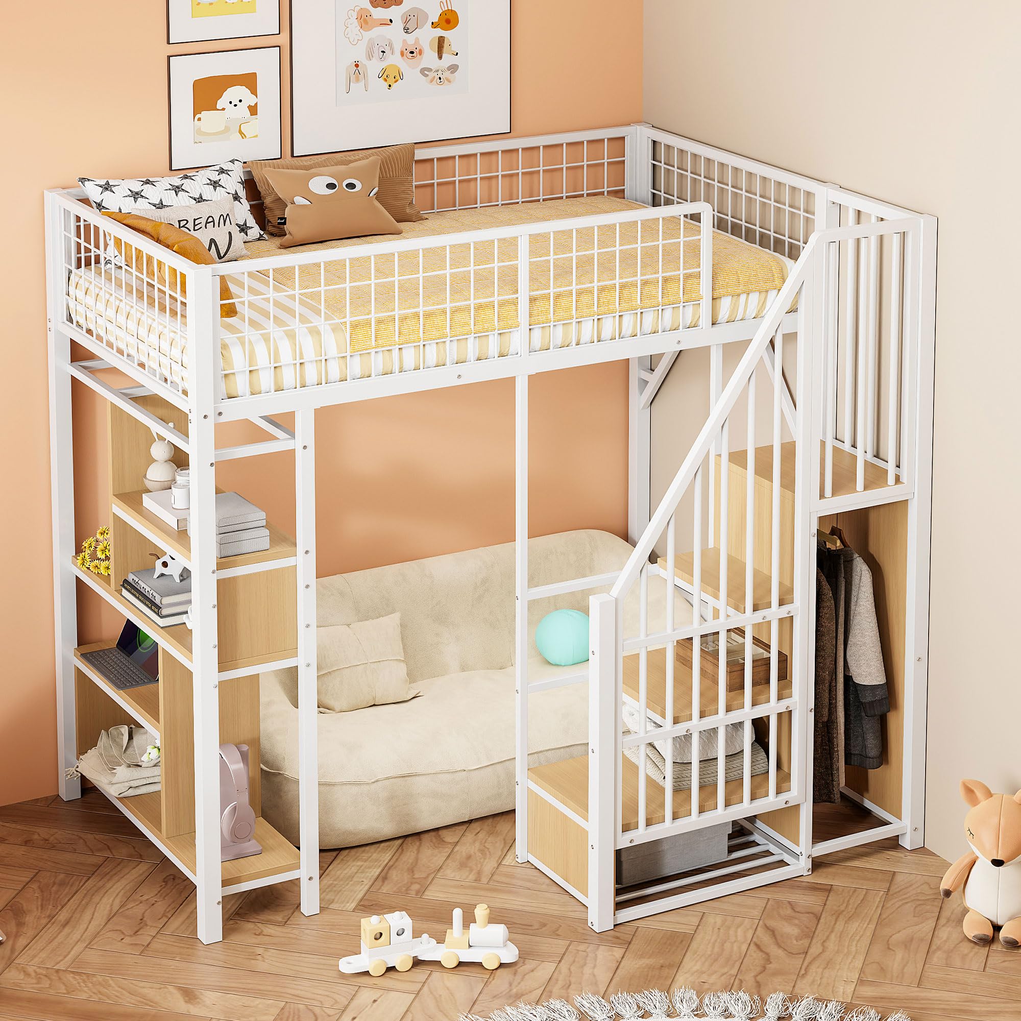 Letto a soppalco con ripiani e scale, letto singolo con vano portaoggetti, letto per adulti per camera da letto, camera degli ospiti, letto in metallo, senza materasso, bianco, 90 x 200 cm