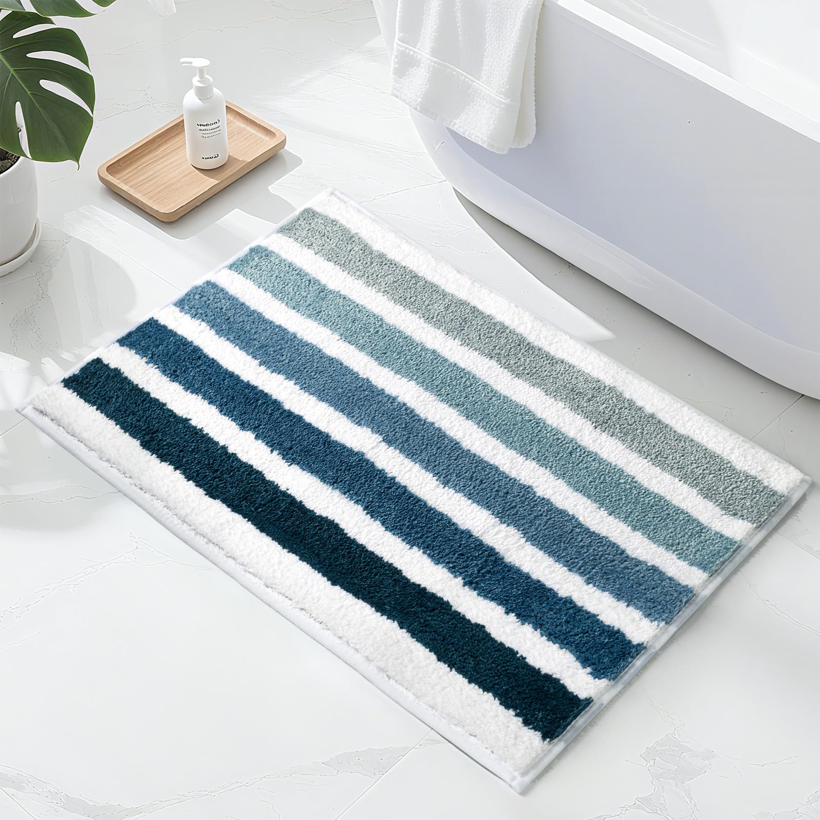 Sunlit Tappeto Da Bagno A Righe Blu E Bianche Sfumate, Antiscivolo, Assorbente, Morbido, Lavabile In Lavatrice, 76,2 X 50,8 Cm-image