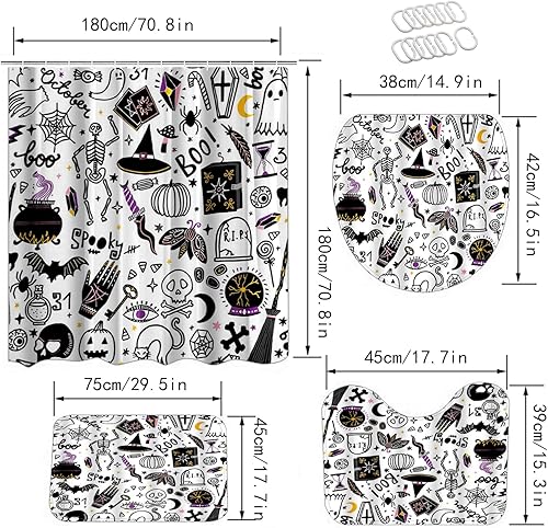 Miniatura 2 de Juego de 4 cortinas de ducha de Halloween con alfombra de baño, tapete en forma de U, cubierta de tapa de inodoro y 12 ganchos, accesorios de