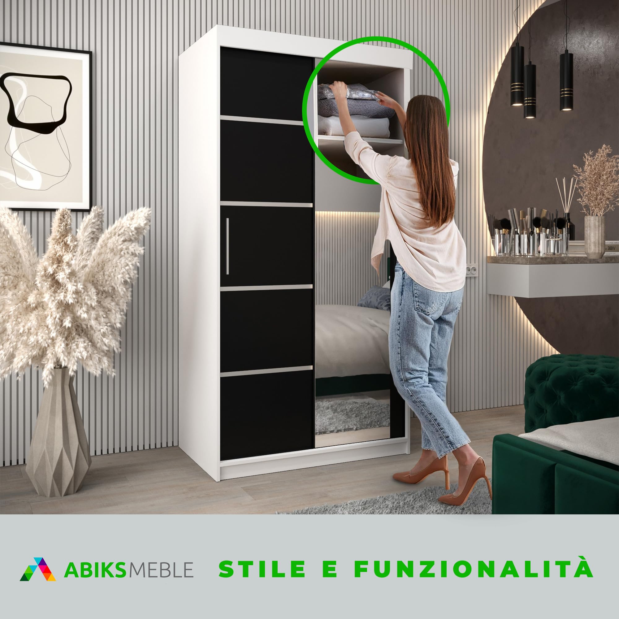 ABIKSMEBLE Armadio Scorrevole Verona 2 100 – Due Ante Con Specchio, 100x200x62 Cm – Moderno Con Ripiani E Barra