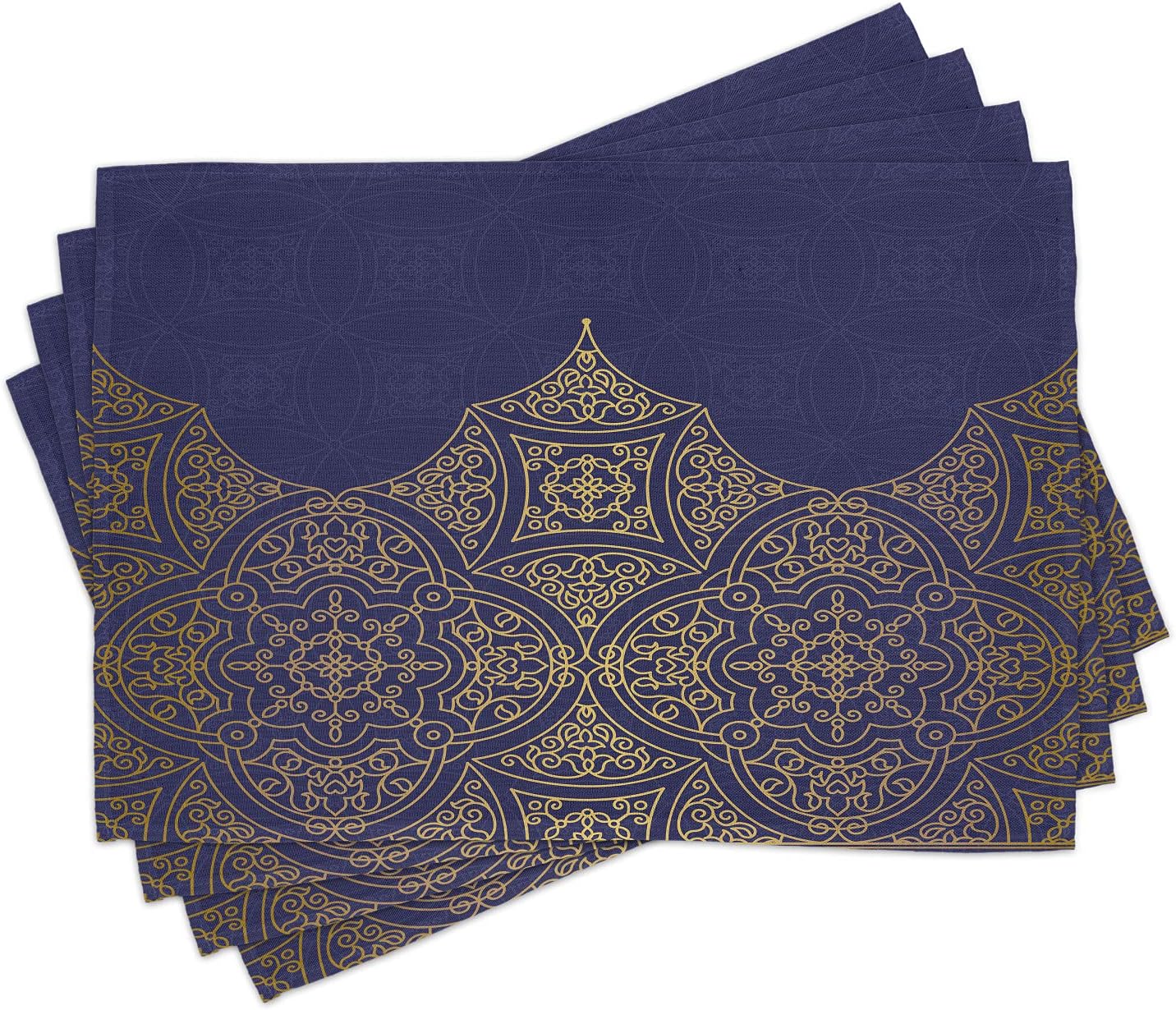 Lunarable Navy Blue and Yellow Place Mats Set of 4, Exotic Orient Style Ornament Ottoman Culture Inspired Pattern, Washable Fabric Placemats for Dining Table, Standard Size, Indigo and Yellow