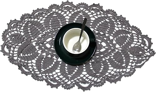 Miniatura 3 de BIBITIME Manteles individuales redondos de encaje hechos a mano con diseño de flores de ganchillo para cocina (ovalado-gris oscuro, 1 unidad-11.8 x