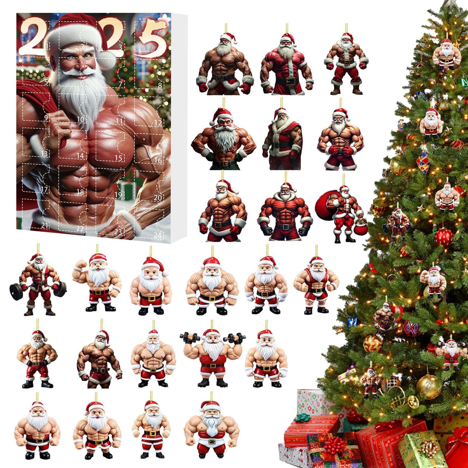 Bodybuilder Santa Advent Calendars 2025, 24 Days 2D Acrylic Bodybuilder Santa Ornament Countdown Calendar for Christmas Tree Decoration