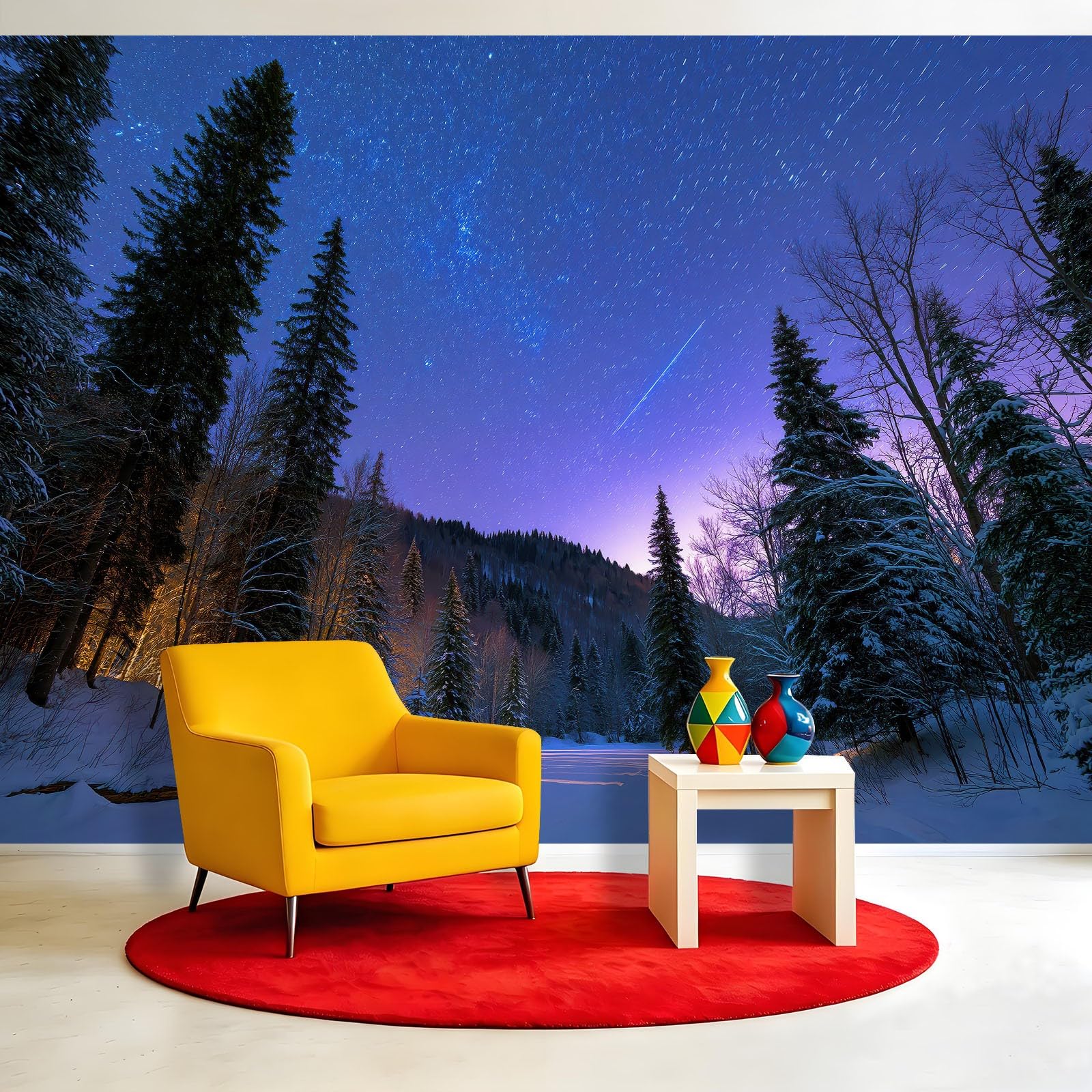 Fotografia gwiaździste niebo zima fototapeta 200 x 140 cm las meteor śnieg las sosnowy zdjęcie włóknina tapeta pokrycie ścian, dekoracja do salonu sypialni, akademika domu biura dekoracja