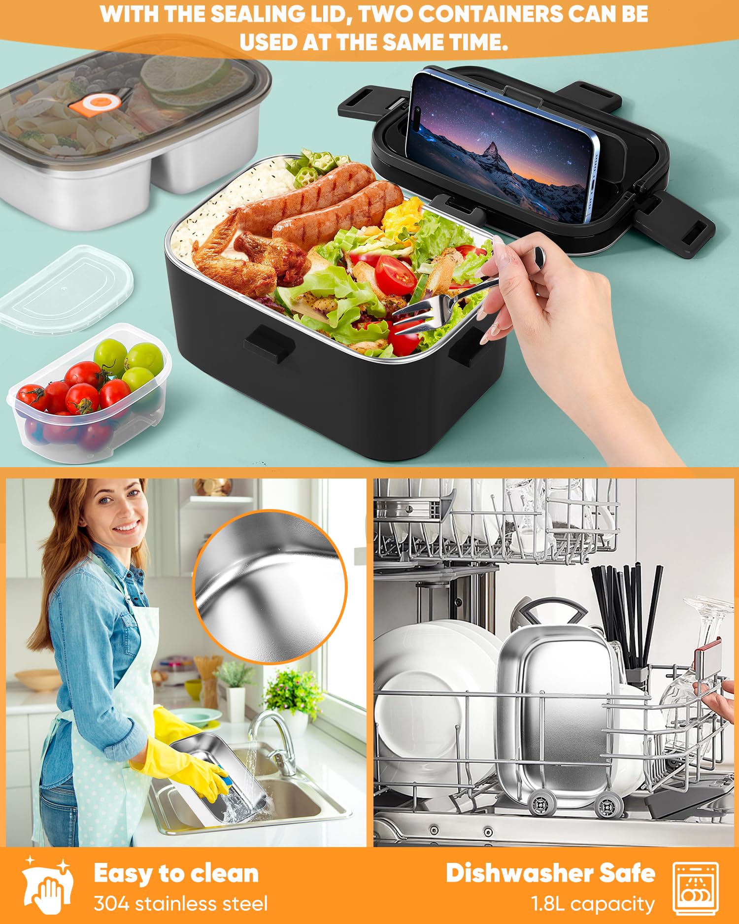 Eocolz Elektrische Lunchbox Food Heater 100W, Speisenwärmer mit Doppelbehälter 1,8L Tragbare Beheizte Lunchbox für Auto LKW Arbeit Edelstahl Gabel & Löffel 12/24/110V für Erwachsene