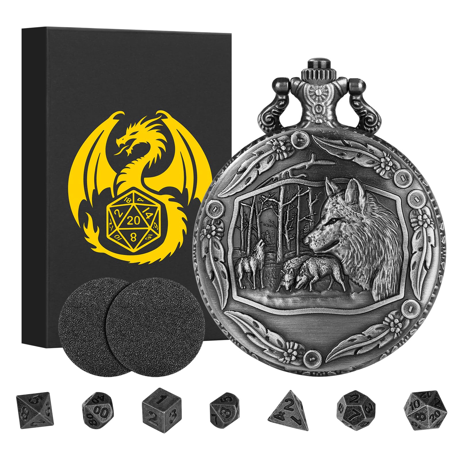 Mini juego de dados DND con funda de reloj de bolsillo Steampunk Wolf, juego de 7 dados de metal poliédrico, regalos DND con caja de regalo para jugadores, accesorios de juegos de mesa, plata oscura