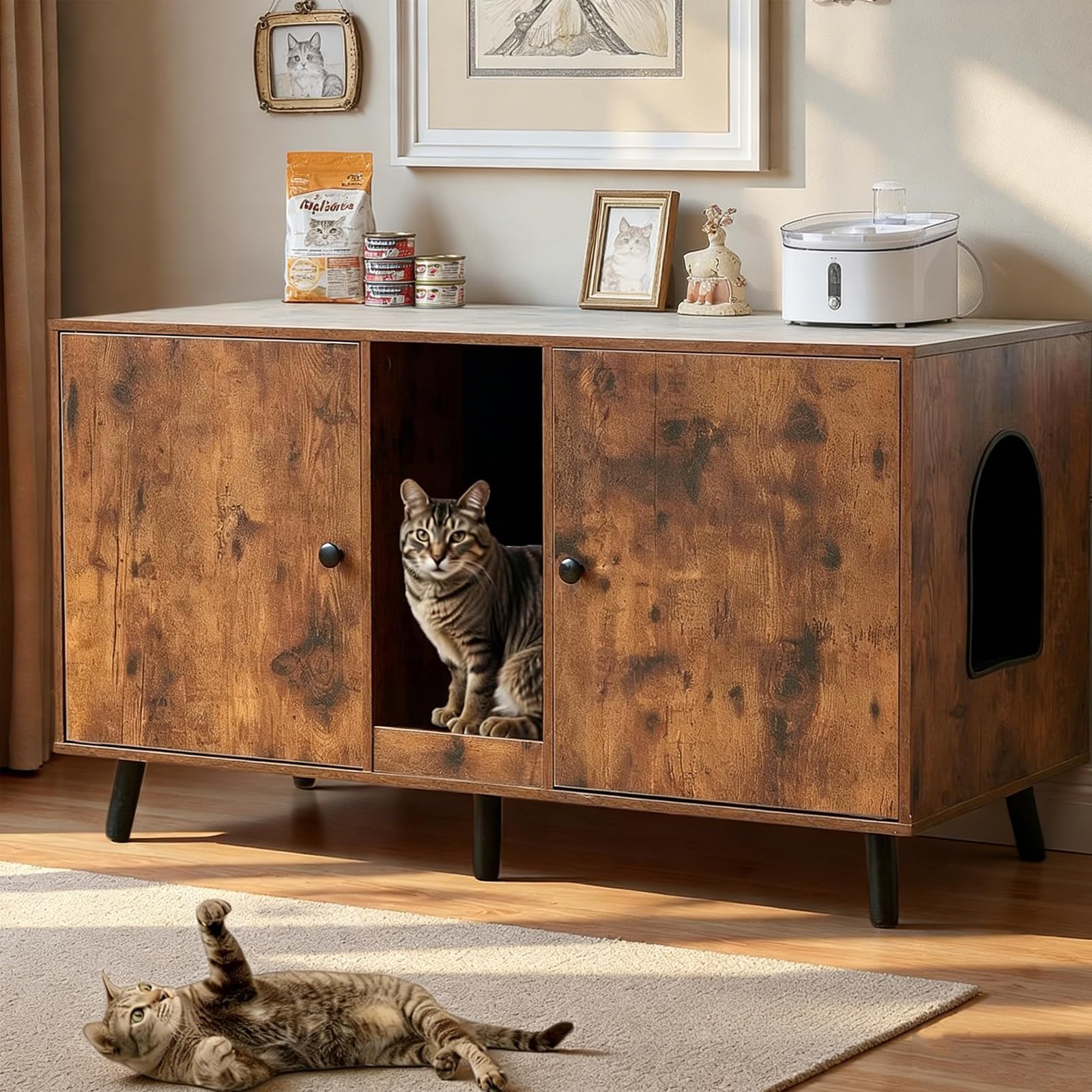 Litter Box Furniture for 2 Cats - Farmhouse Hidden Cat Litter Box Enclosure Cabinet Furniture Double Room, 42.3" TV Stand Side End Table Large Space for 2 Cats, Rustic Brown