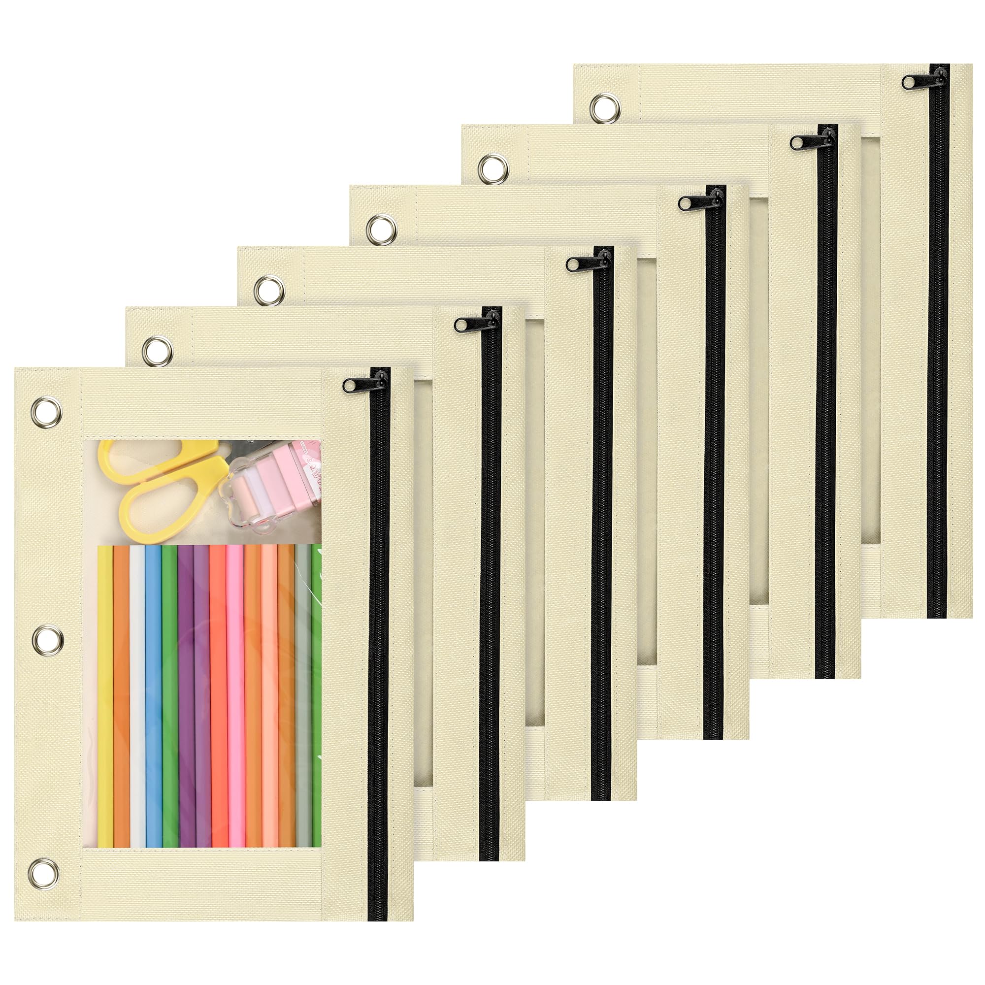 Lanpn Pencil Pouch for 3 Ring Binder 6 Pack, Aesthetic Binder Pen Bags with Zipper, 3 Holes Pencil Pouches Organizer for Boy Girl Kids School Student, Reinforced Grommets &amp; Clear Window, Beige