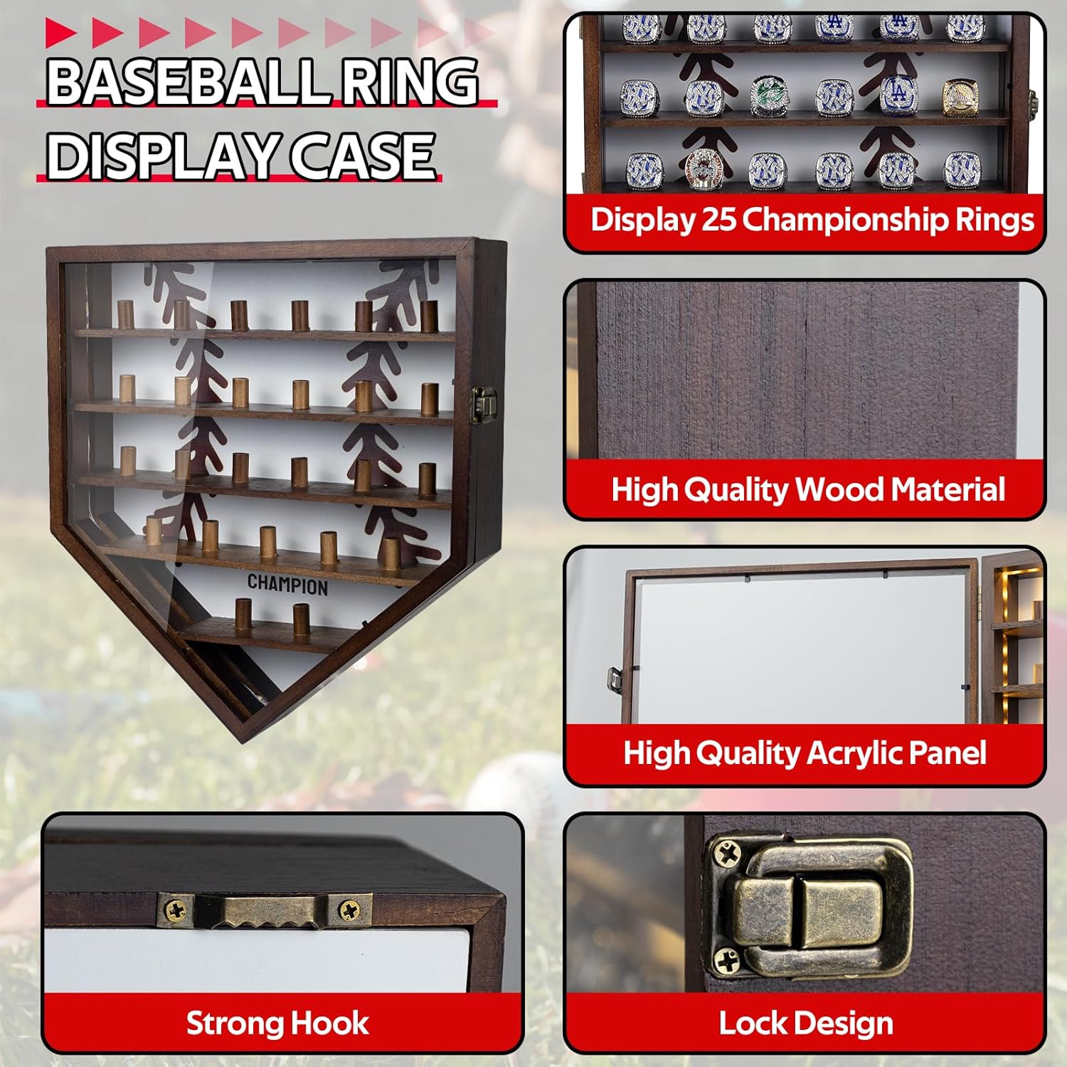 Championship Ring Display Case Display 25pcs Rings,Baseball Ring Display Case with LED Light,Wall Mount Wooden Shadow Box for Multiple Ring