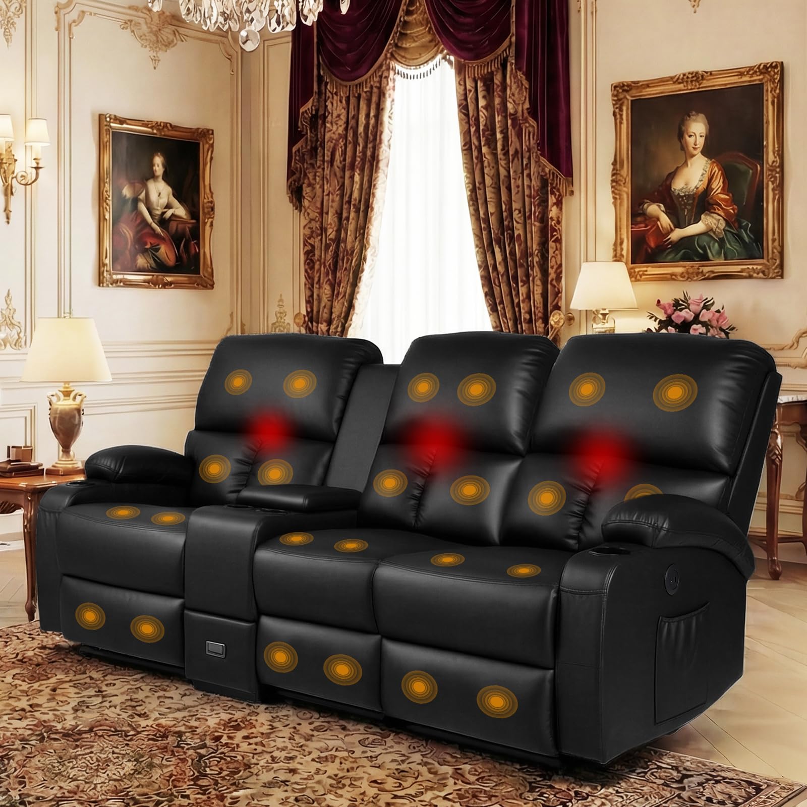 - CHABATREE Recliner Sofa with Massage and Heat,Home Theater Seating,Manual RV Recliner Loveseat with USB/Cup Holders and Side Pocket for Living Room,3 Loveseat Black