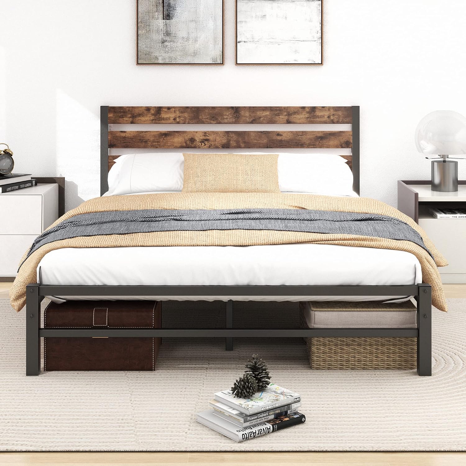 Queen Metal Bed Frame with Wooden Headboard, Mattress Foundation, Platform Bed Frame with Strong Steel Slats Support, No Box Spring Needed, Easy Assembly, Black-Brown - Image 3