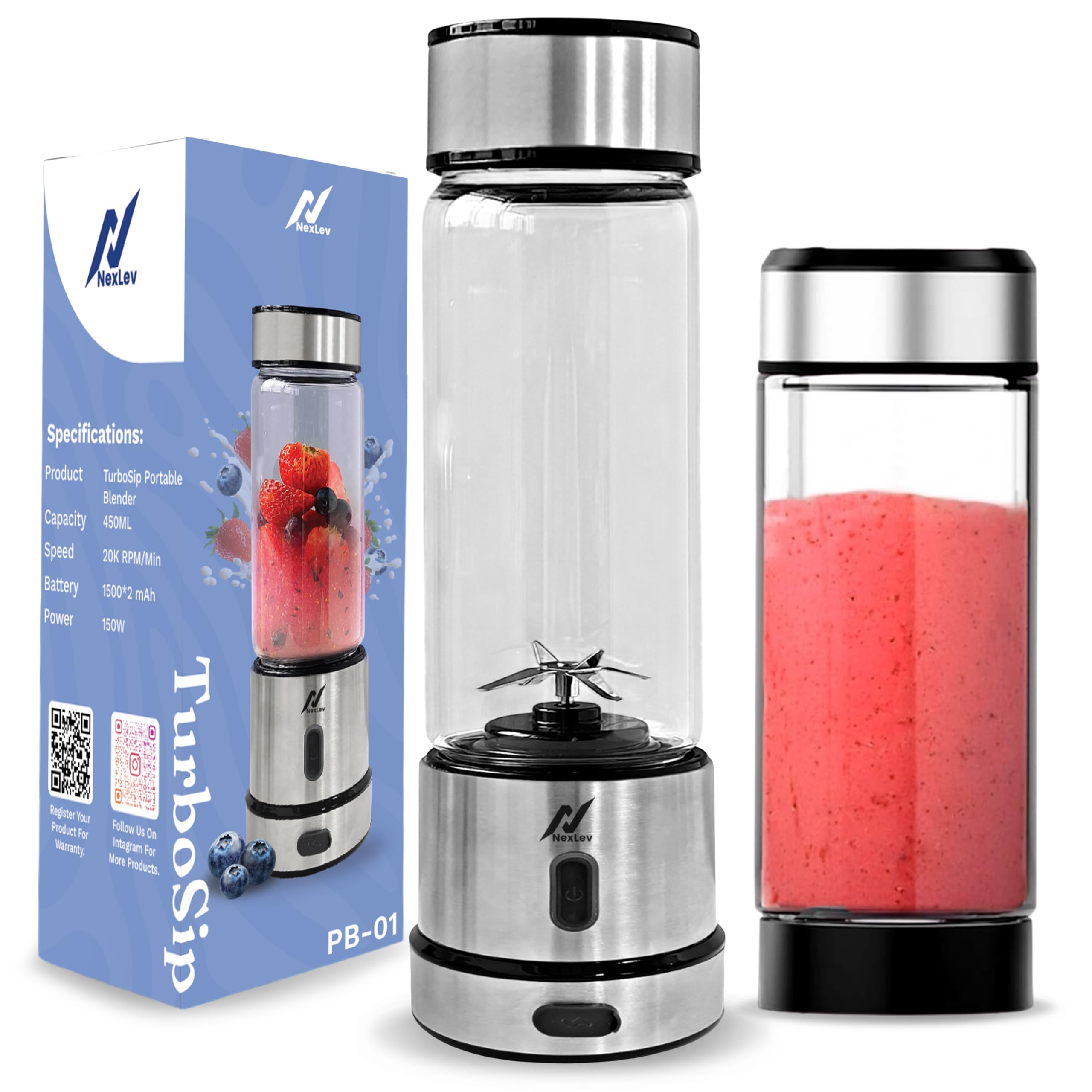 NexLev Portable Blender for Smoothies Milkshakes Crushing Ice Juices | 6 Leaf Stainless Steel Blade | 3000 mAh Battery | Type C Rechargeable | Mix Fruit Juicer | 450ml | For Kitchen & Travel | PB-01-image-3
