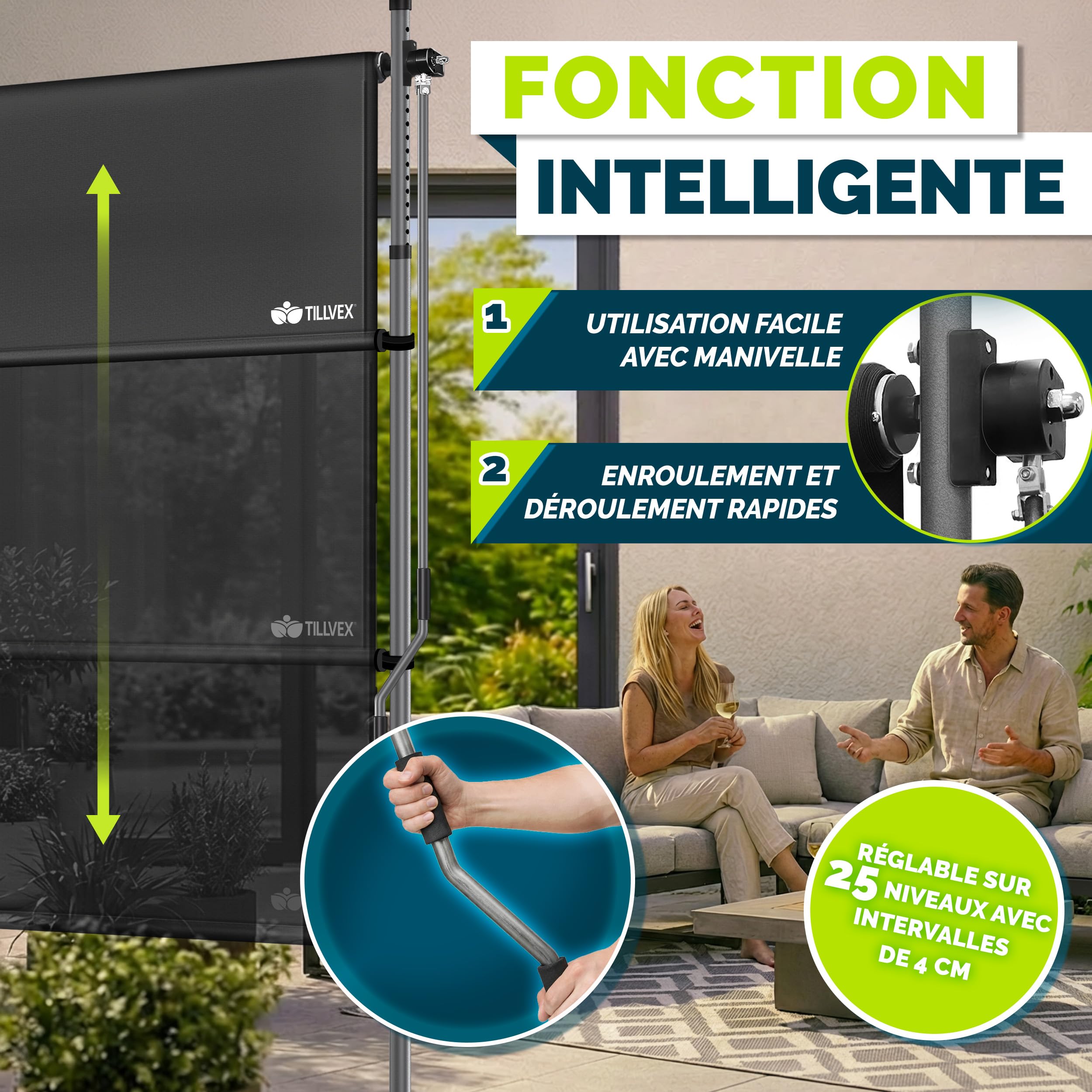 tillvex Store vertical 200 x 310 cm anthracite avec manivelle sans perçage | Brise-vue extensible et opaque | Store vertical pour balcon, terrasse, jardin | Store brise-vue résistant aux intempéries