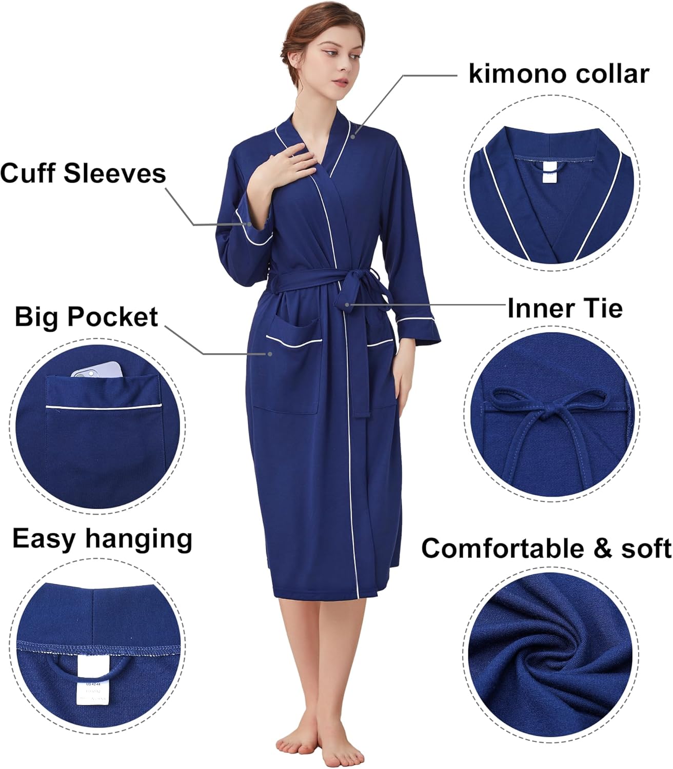 Womens Lightweight Robe, Knit Kimono Robe for Women Spa Cozy Sleepwear Knee Length Bathrobe with Pockets - Image 4