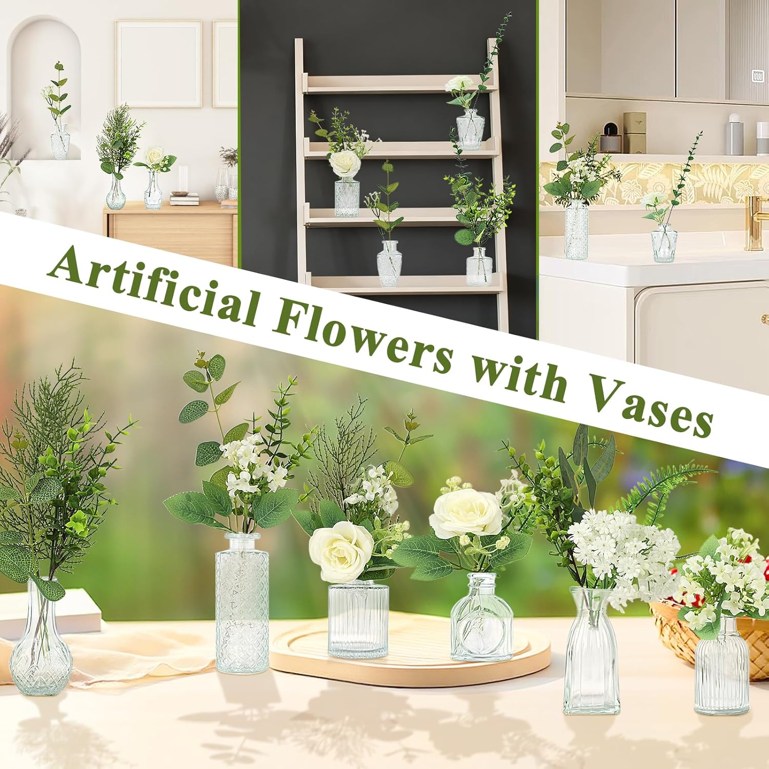 WARMALL Artificial Flowers with Vases, 16 Pcs Bud Vases, & 81 Pcs Artificial Plants DIY Set Suitable for Centerpieces Table Weddings Party Office and Indoor Decor Mini Small Glass Clear(White)