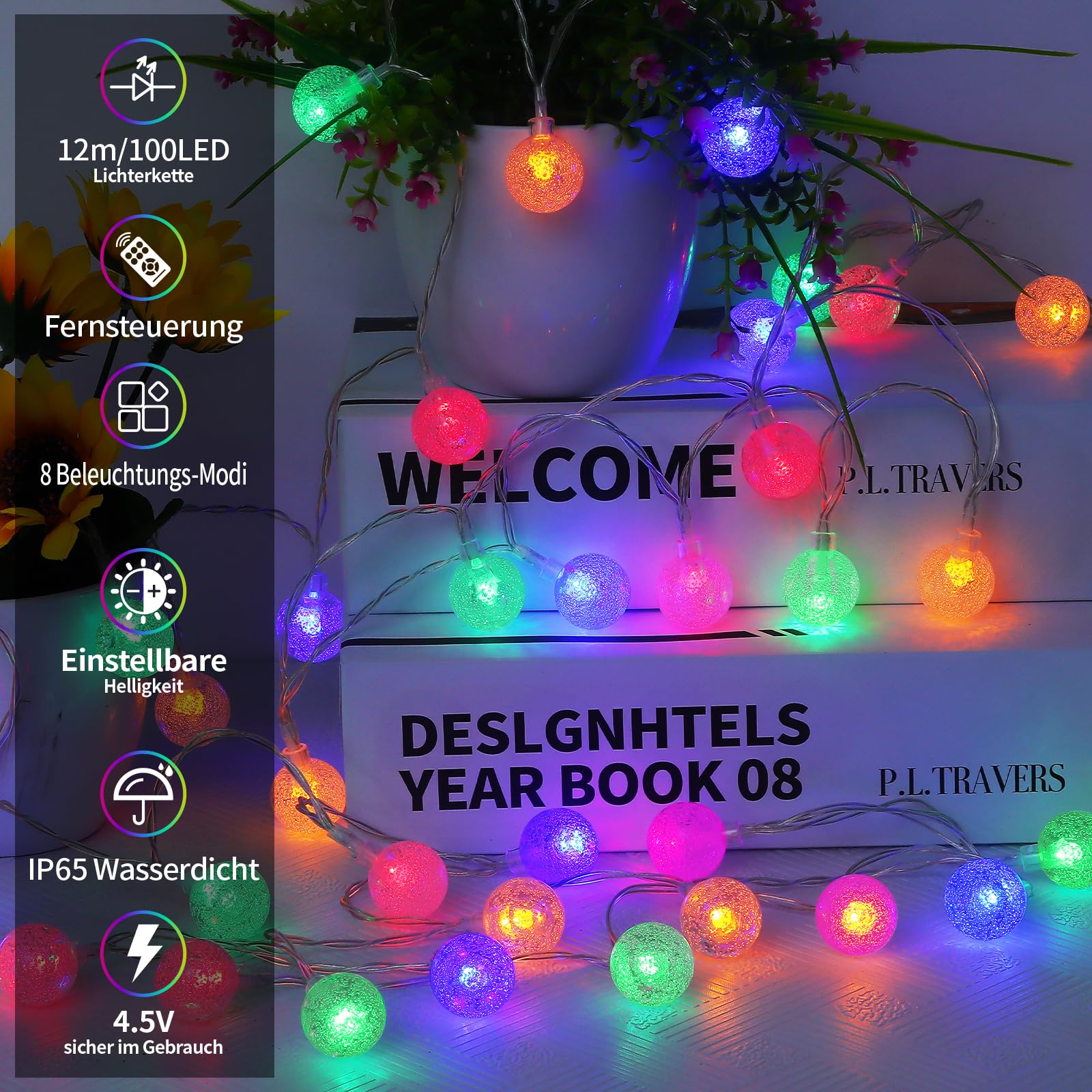 RJEDL Lucine Led Decorative A Batteria, 12M 100LED Catena Luminosa Con 8 Modi IP67 Impermeabile Controllo Remoto Luci Led A Batteria Para Halloween Navidad Interior Exterior Jardín Decoración.