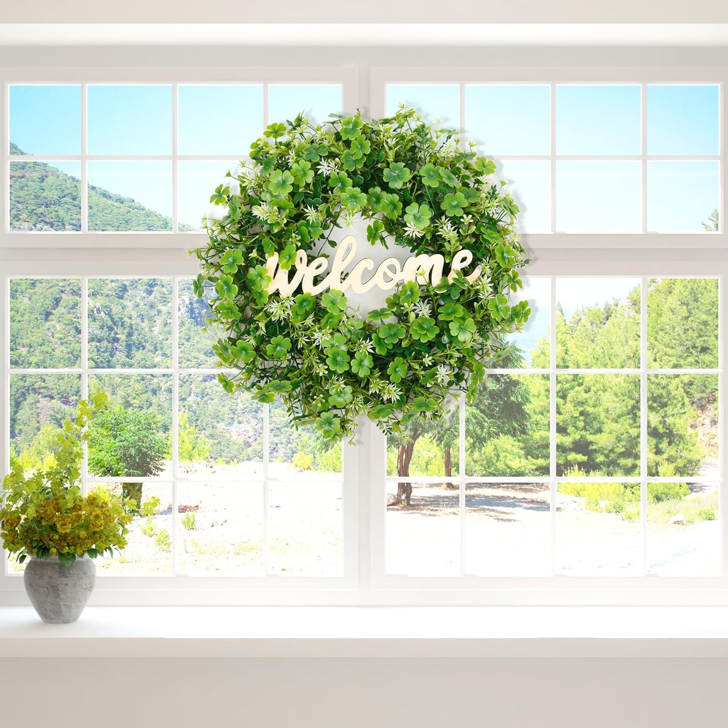 St Patricks Day Wreaths for Front Door, 20 Inch Shamrock St Patricks Day Wreath with Welcome Sign, Shamrock Ornament for St. Patrick's Day Decorations, Spring Green Clover Door Wreath