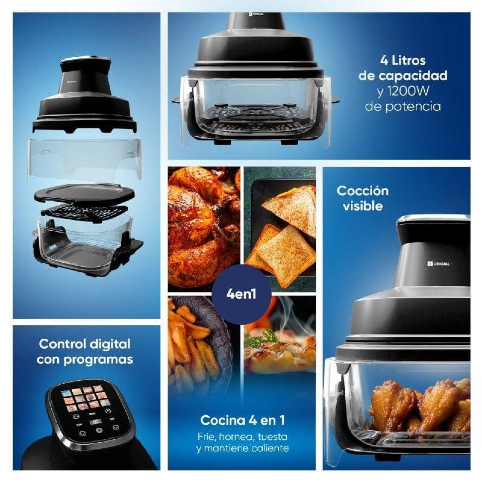 FryFit Glass Friggitrice ad aria in vetro, 4 l, 1500 W, friggitrice senza olio con contenitore in vetro, display digitale, 4 programmi, temperatura e tempo regolabili, nero