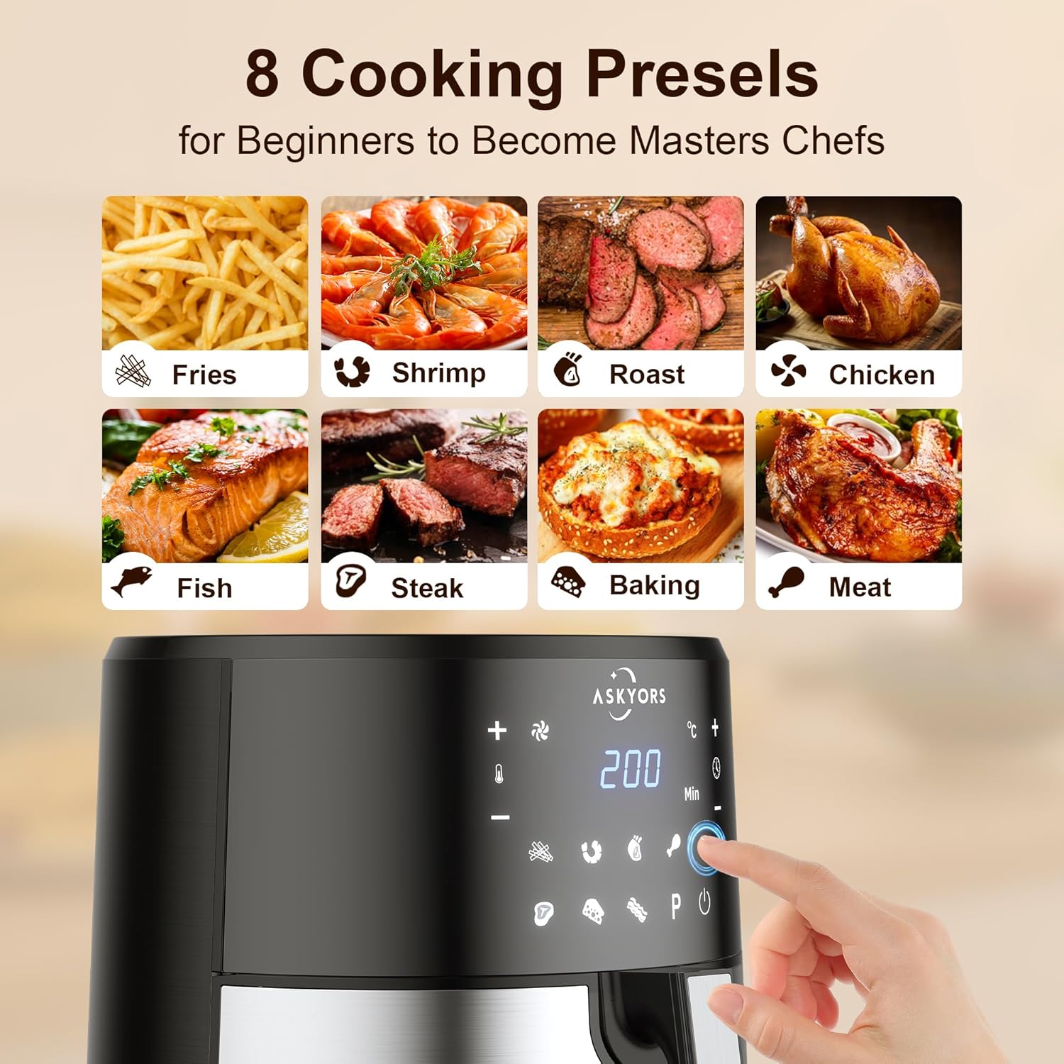 Friggitrice ad Aria 8 Litri, Askyors Air Fryer XXL con 8 Programmi, 1700W Friggitrice Senza Olio per 6-10 Persone, Friggitrice con Controllo Touch, Temperatura Regolabili da 80 a 200ºC, 32 Ricette Friggitrice ad Aria 8 Litri, Askyors Air Fryer XXL con 8 Programmi, 1700W Friggitrice Senza Olio per 6-10 Persone, Friggitrice con Controllo Touch, Temperatura Regolabili da 80 a 200ºC, 32 Ricette