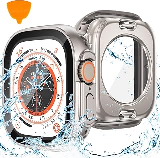 Kamita Waterproof Case Compatible with Apple Watch Ultra 2, Shockproof Hard PC Bumper Cases with 9H Tempered Glass Screen Protector, 360° All-round Protective Cover for iWatch Ultra 49mm (Titanium)