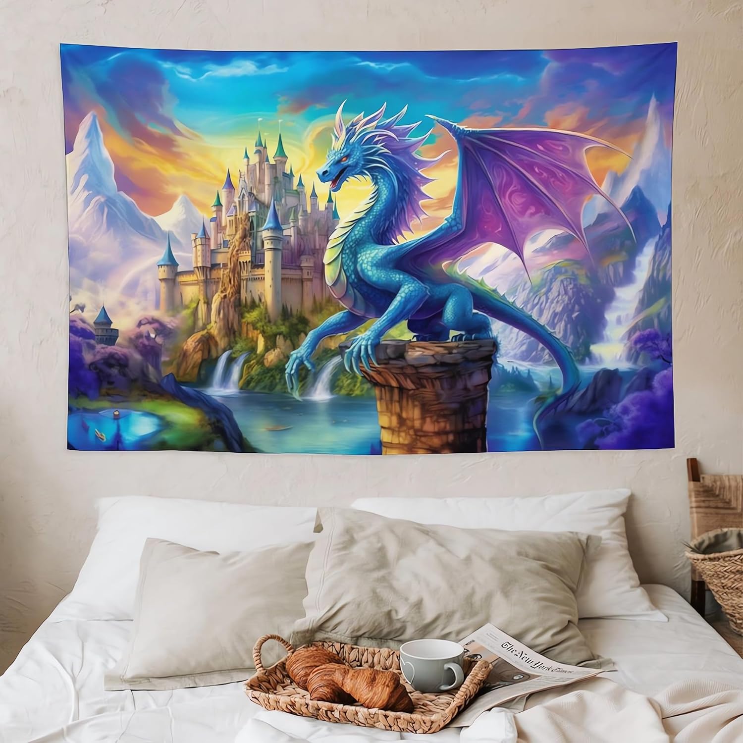 ANMOGID Dragon Tapestry Castle Wall Hanging Aesthetic Purple Blue Decoration For Bedroom Living Room Wall Art Tapestries 59"x39"