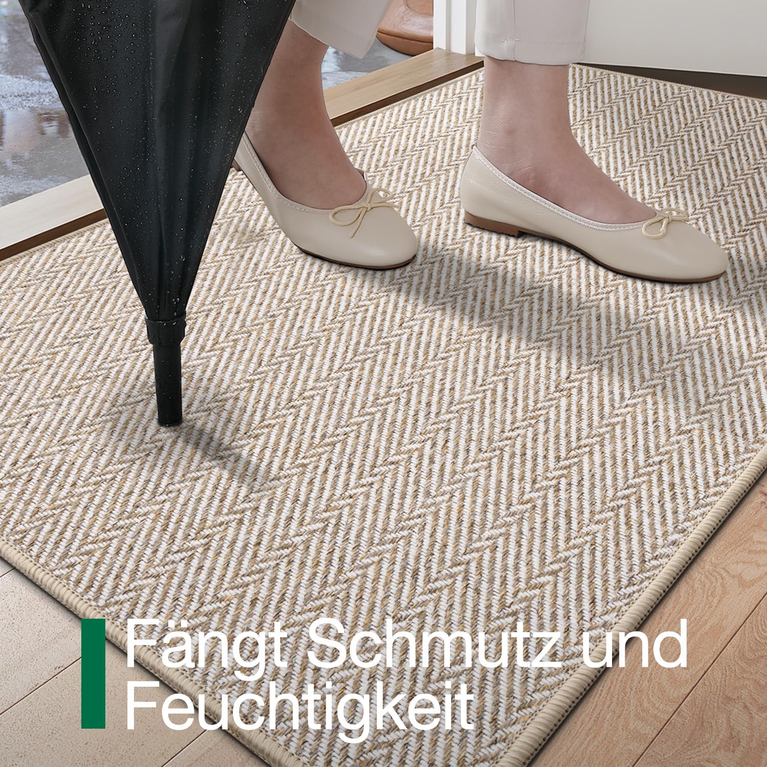 LUMI Extra Dünne Fußmatte Innen 80x120 cm, Eingangsmatte, Beige | 0.35 cm Flachdesign, Schmutzfangend, Schnelltrocknend, Wasserabweisend, Rutschfeste Gummiunterseite, Fischgrätmuster