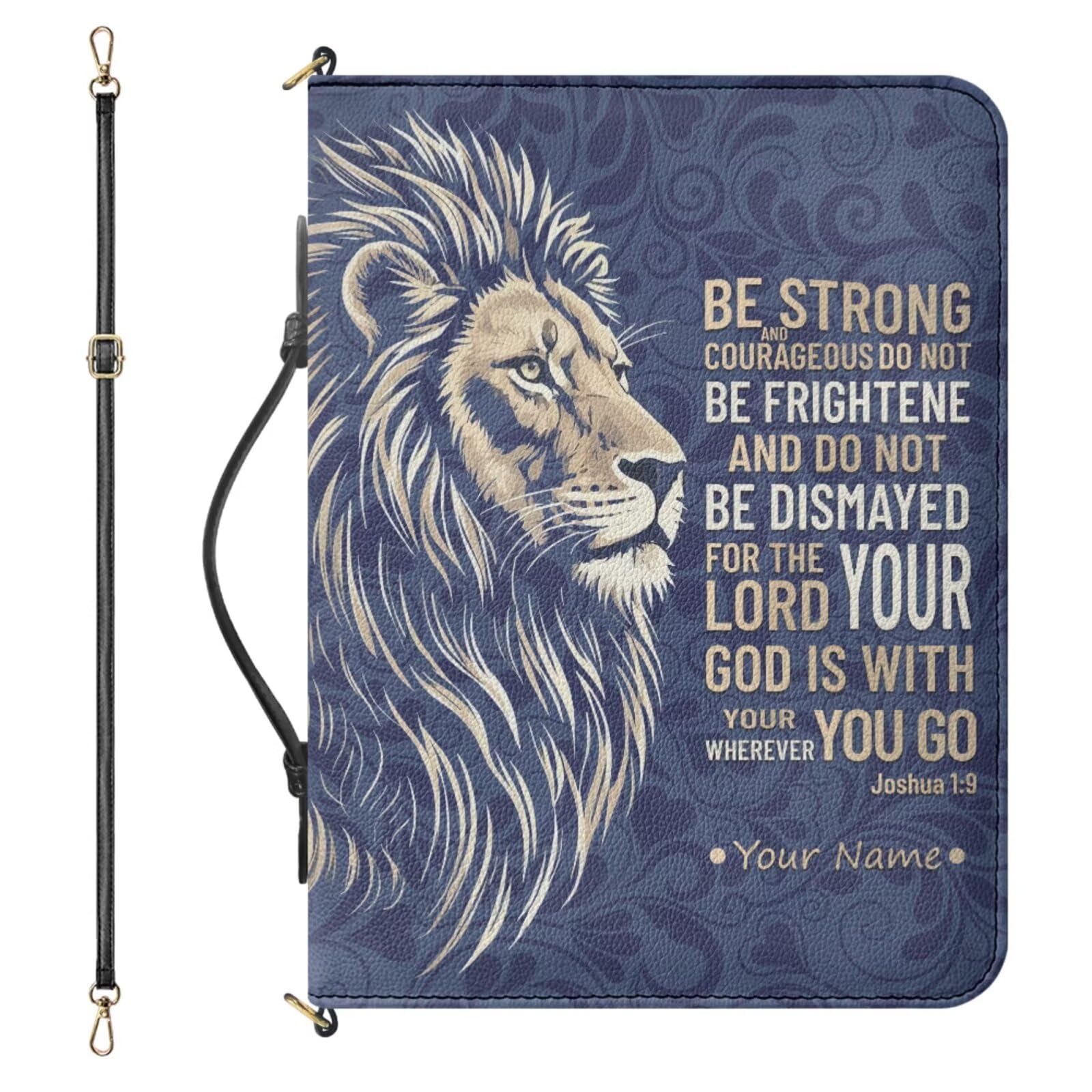 Drnuikhe Personalized Bible Case with Name, Custom Bible Cover with Strap and Handle, Lion Print Joshua 1:9 Bible Holder with Inner Pockets and Pen Loop, Church Bags for Women, Extra Large(4 Colors)