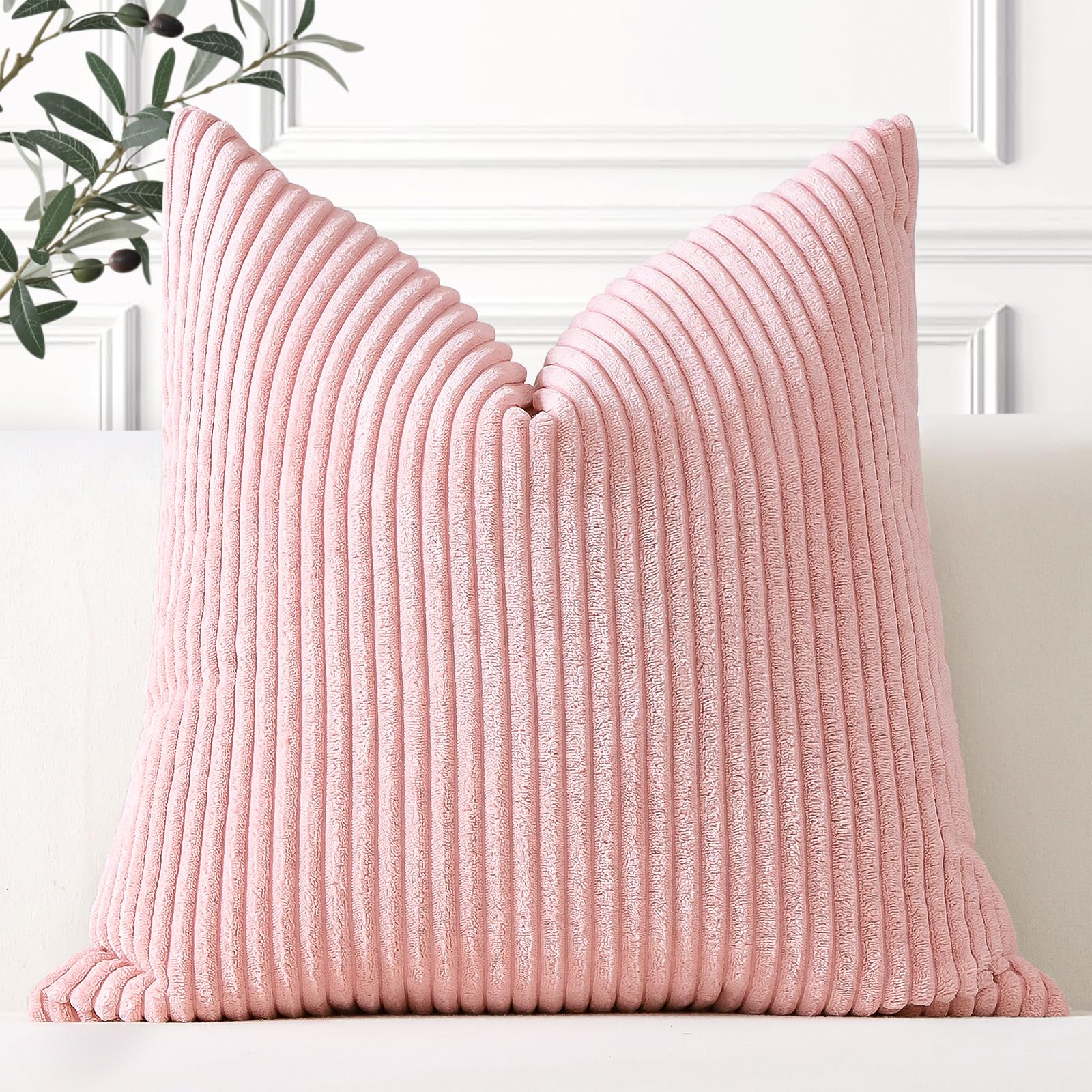 Artscope Cozy Striped Corduroy Cushion Cover 55x55cm Super Soft Decorative Square Throw Pillow Covers Case for Sofa Couch Bedroom Car Decor 22 x 22 Inches, Pink — image 1