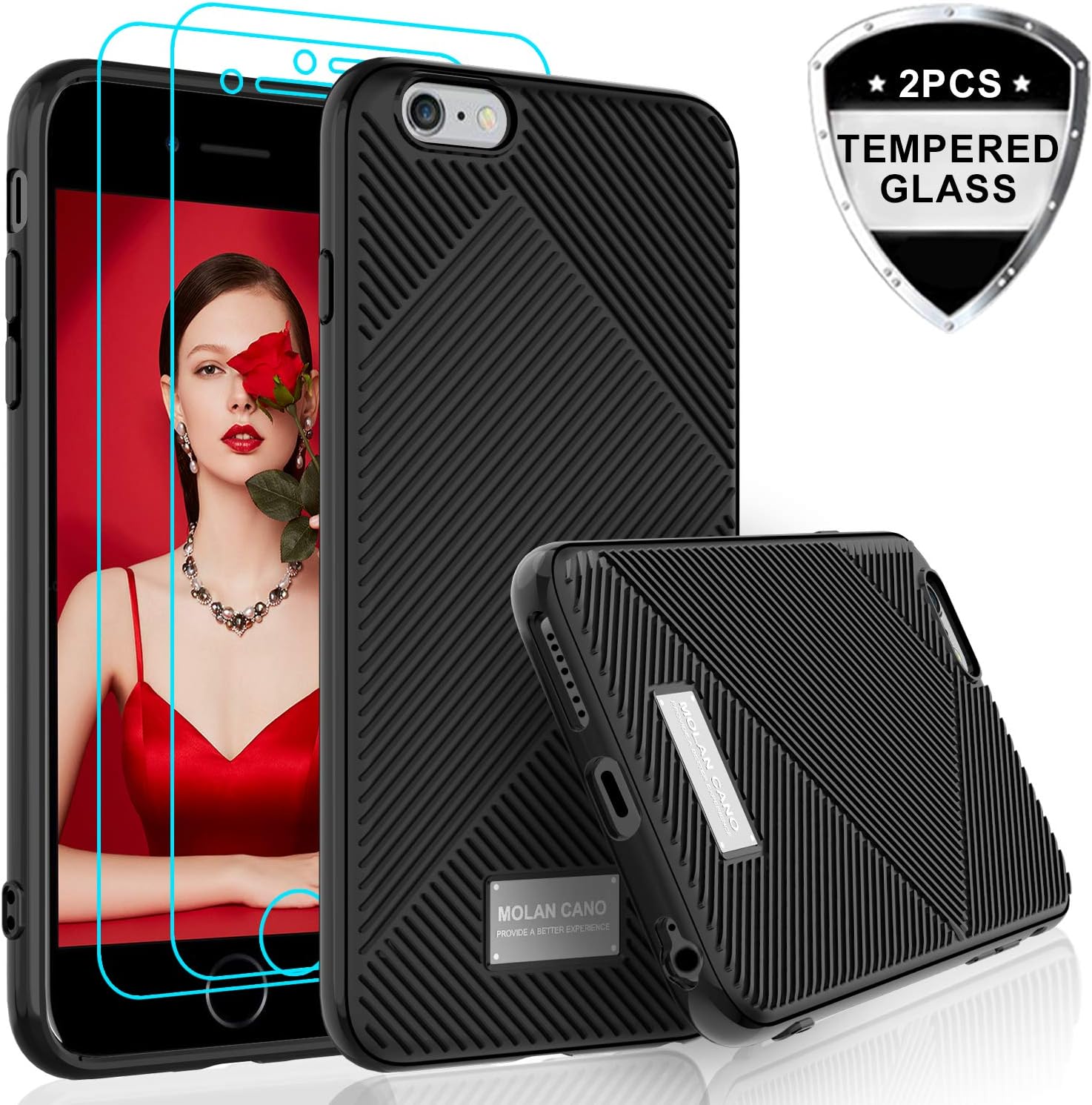 LeYi iPhone 6 Plus Case, iPhone 6s Plus Case with Tempered Glass Screen Protector [2 Pack], 3D Stripe Carbon Fiber Design Slim Silicone TPU Phone Case for Apple iPhone 6 Plus/ 6S Plus, Matte Black